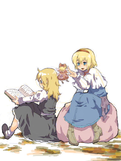 kuzumiya yuyu, alice margatroid, kirisame marisa, shanghai doll, touhou, 2girls, blonde hair, blue hair, book, boots, capelet, doll, fairy wings, female focus, hairband, holding, holding book, long hair, long sleeves, multiple girls, open book, puffy sleeves, reading, sash, short hair, sitting, skirt, skirt set, smile, socks, wings