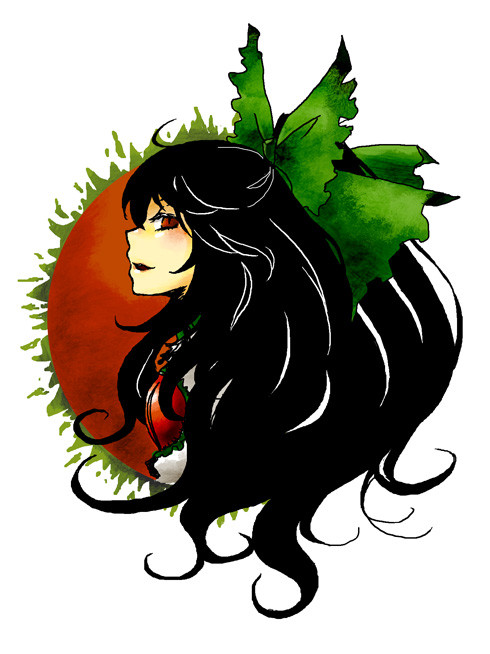 nikoro, reiuji utsuho, touhou, 1girl, black hair, female focus, hair ribbon, long hair, red eyes, ribbon, solo, white background