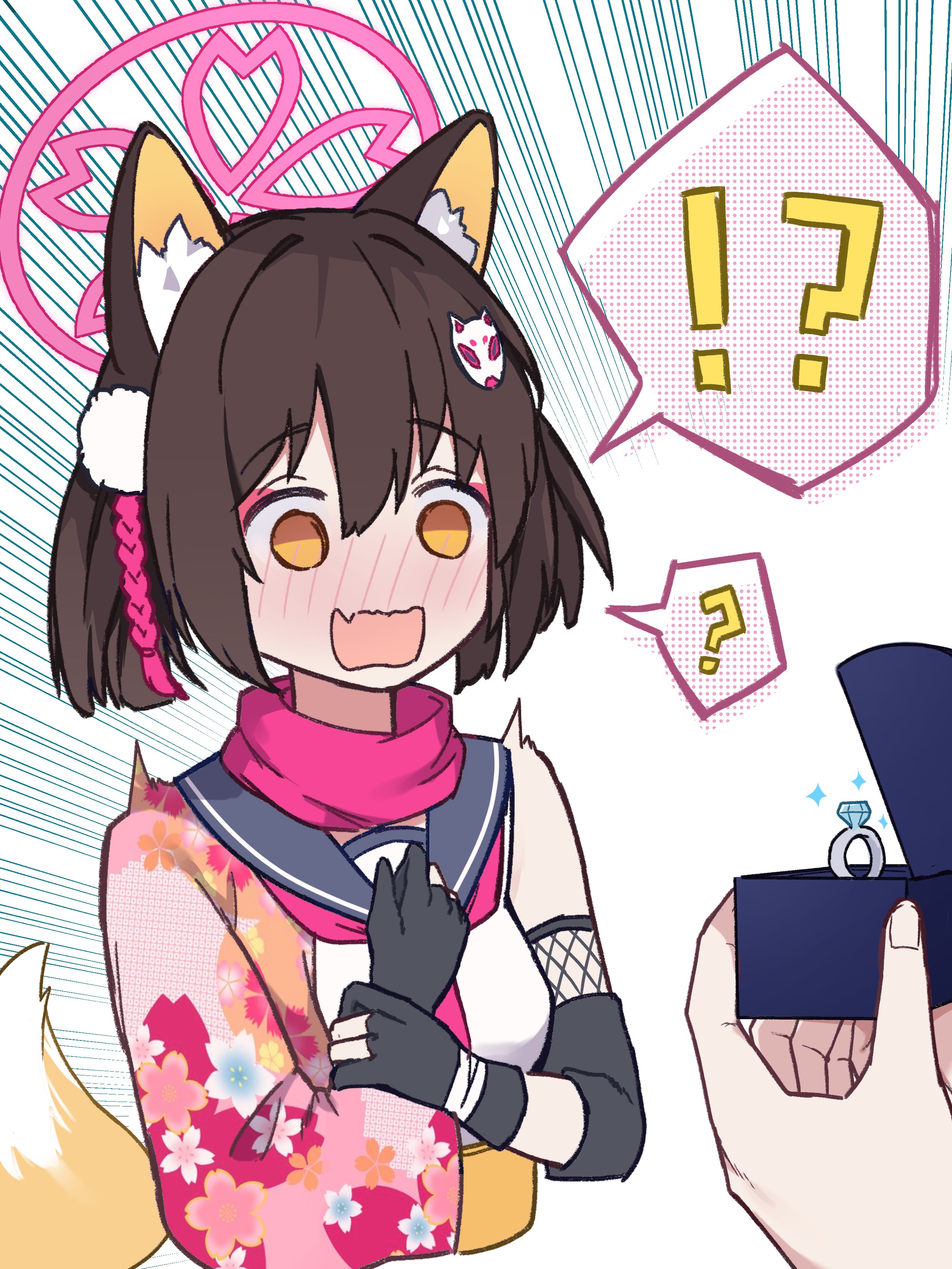 mibashi (hash1 bam1), izuna (blue archive), blue archive, absurdres, highres, !?, 1girl, 1other, ?, animal ear fluff, animal ears, black gloves, blue sailor collar, blush, brown hair, eyeshadow, fang, fingerless gloves, floral print, fox ears, fox girl, fox tail, gloves, hair ornament, halo, holding, holding jewelry, japanese clothes, jewelry, makeup, marriage proposal, neckerchief, open mouth, ornate ring, partially fingerless gloves, pink eyeshadow, pink halo, pink neckerchief, pink scarf, pom pom (clothes), pom pom hair ornament, pov, pov hands, ring, sailor collar, scarf, skin fang, solo focus, spoken interrobang, spoken question mark, surprised, tail, wedding ring, yellow eyes