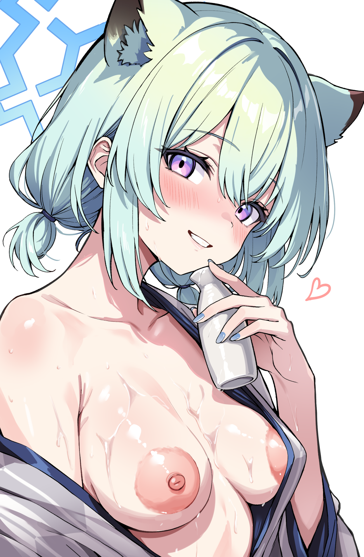 hayami yoichi, shigure (blue archive), shigure (hot spring) (blue archive), blue archive, commentary request, highres, 1girl, animal ear fluff, animal ears, bath yukata, blue halo, blush, bottle, breasts, breasts out, clothes down, green hair, halo, hand up, heart, holding, holding bottle, japanese clothes, kimono, kimono pull, looking at viewer, medium breasts, medium hair, nail polish, no bra, off shoulder, official alternate costume, official alternate hairstyle, open clothes, open kimono, puffy nipples, purple eyes, simple background, smile, solo, sweat, tokkuri, upper body, very sweaty, weasel ears, white background, yukata