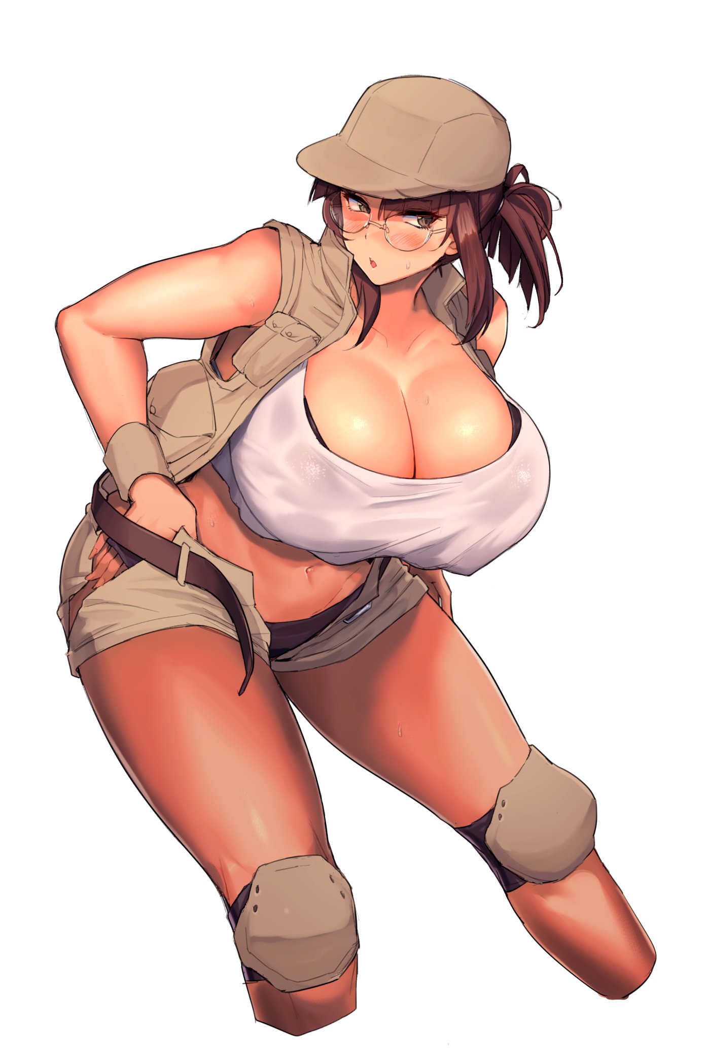 madsensei, fio germi, metal slug, commentary request, highres, 1girl, bare shoulders, baseball cap, belt, black bra, black panties, blush, bra, bra peek, breasts, brown belt, brown eyes, brown hair, brown hat, brown shorts, brown vest, cleavage, cropped legs, glasses, hat, huge breasts, knee pads, leaning forward, midriff, navel, open clothes, open fly, open shorts, open vest, panties, parted lips, short shorts, shorts, simple background, solo, tank top, underwear, vest, white background, white tank top, wristband