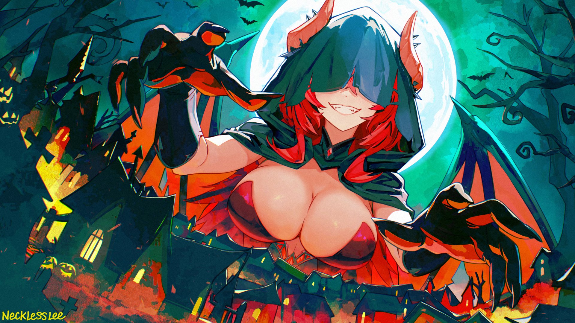 necklesslee, zentreya, zentreya (dragon), indie virtual youtuber, commentary, english commentary, highres, official art, 1girl, black gloves, black hoodie, breasts, cleavage, covering face, dragon girl, dragon horns, dragon wings, full moon, gloves, hood, hoodie, horns, large breasts, leotard, long hair, moon, official alternate costume, red hair, red leotard, smile, solo, very long hair, virtual youtuber, wings, zentreya (dragon) (dungeon master)