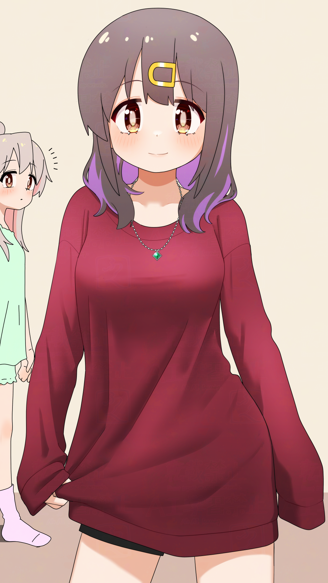 happyundergate, oyama mahiro, oyama mihari, onii-chan wa oshimai!, commentary, highres, 2girls, bare legs, black hair, black shorts, brown eyes, closed mouth, collarbone, cowboy shot, dot mouth, grey hair, hair down, hair ornament, hairclip, jewelry, light blush, long hair, long sleeves, looking at viewer, multicolored hair, multiple girls, necklace, notice lines, oversized clothes, oversized shirt, purple hair, red shirt, shirt, short shorts, shorts, siblings, simple background, sisters, sleeves past wrists, smile, solo focus, straight-on, two-tone hair