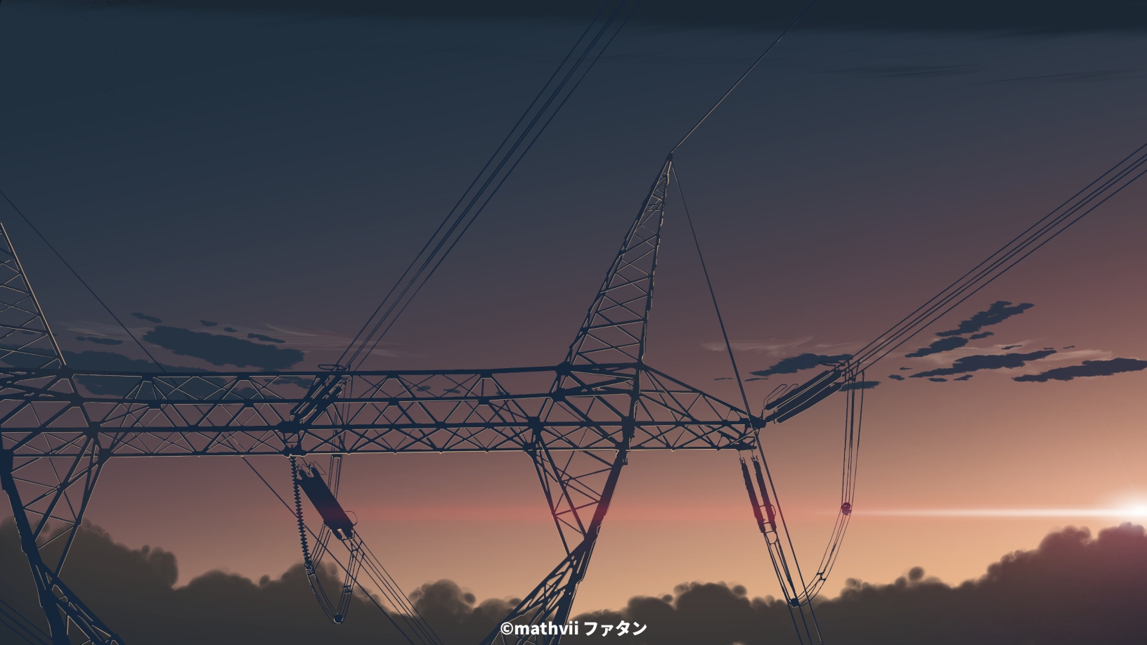byousoku 5 centimeter, commentary, highres, artist name, cloud, gradient sky, mathvii, no humans, outdoors, power lines, scenery, sky, sunset, transmission tower, twilight