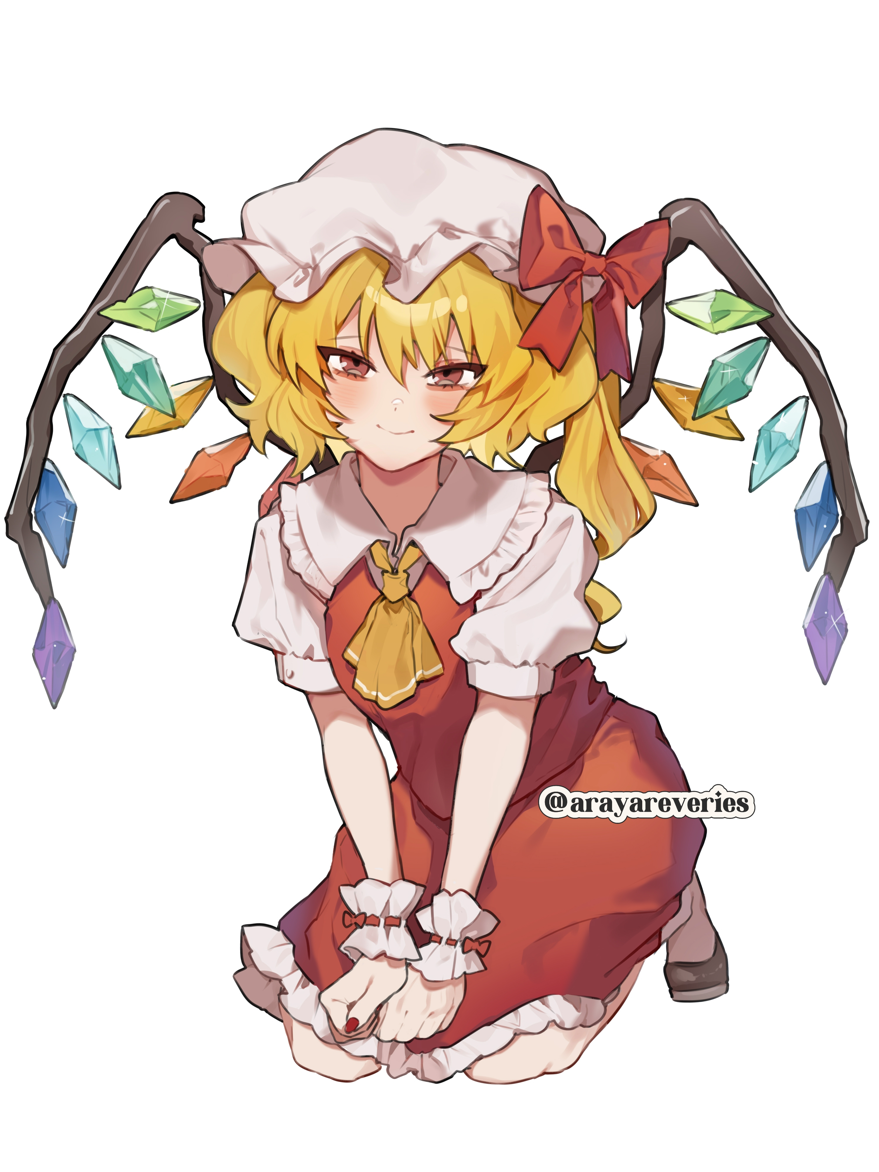 iwakoo, flandre scarlet, touhou, absurdres, highres, 1girl, blonde hair, crystal wings, hat, kneeling, looking at viewer, mob cap, red eyes, red nails, red skirt, red vest, side ponytail, simple background, skirt, smile, solo, vest, white background, wings