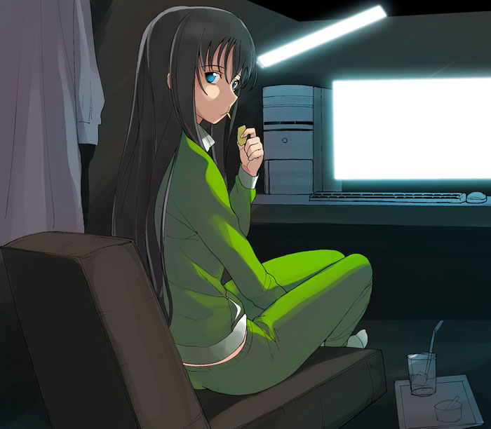 a1 (initial-g), marina ismail, gundam, gundam 00, 00s, 1girl, black hair, blue eyes, computer, computer keyboard, drink, eating, female focus, indoors, long hair, looking back, sitting, solo
