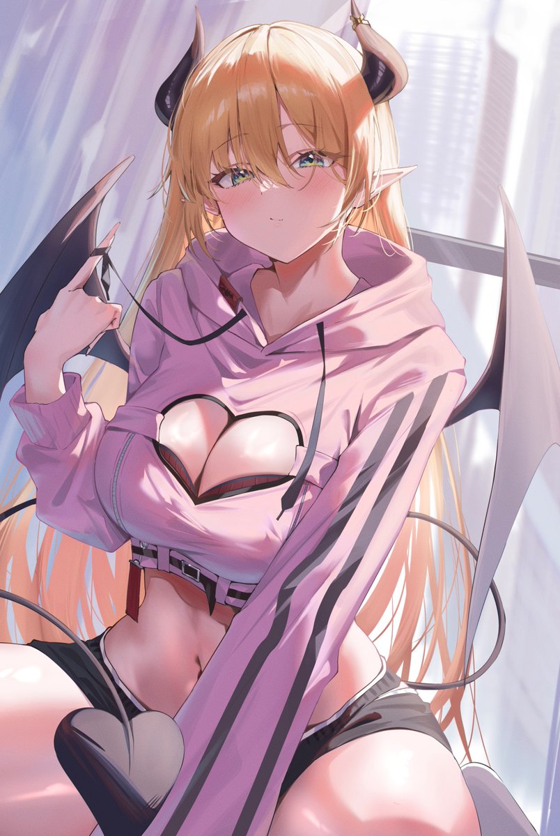 menmen (menmen13s), yuzuki choco, yuzuki choco (roomwear), hololive, 1girl, black bra, black shorts, blonde hair, blue eyes, blush, bra, breasts, cleavage, cleavage cutout, closed mouth, clothing cutout, cropped hoodie, demon girl, demon horns, demon tail, heart cutout, hood, hoodie, horns, large breasts, long hair, looking at viewer, pink hoodie, pointy ears, shorts, solo, tail, underwear, very long hair, virtual youtuber