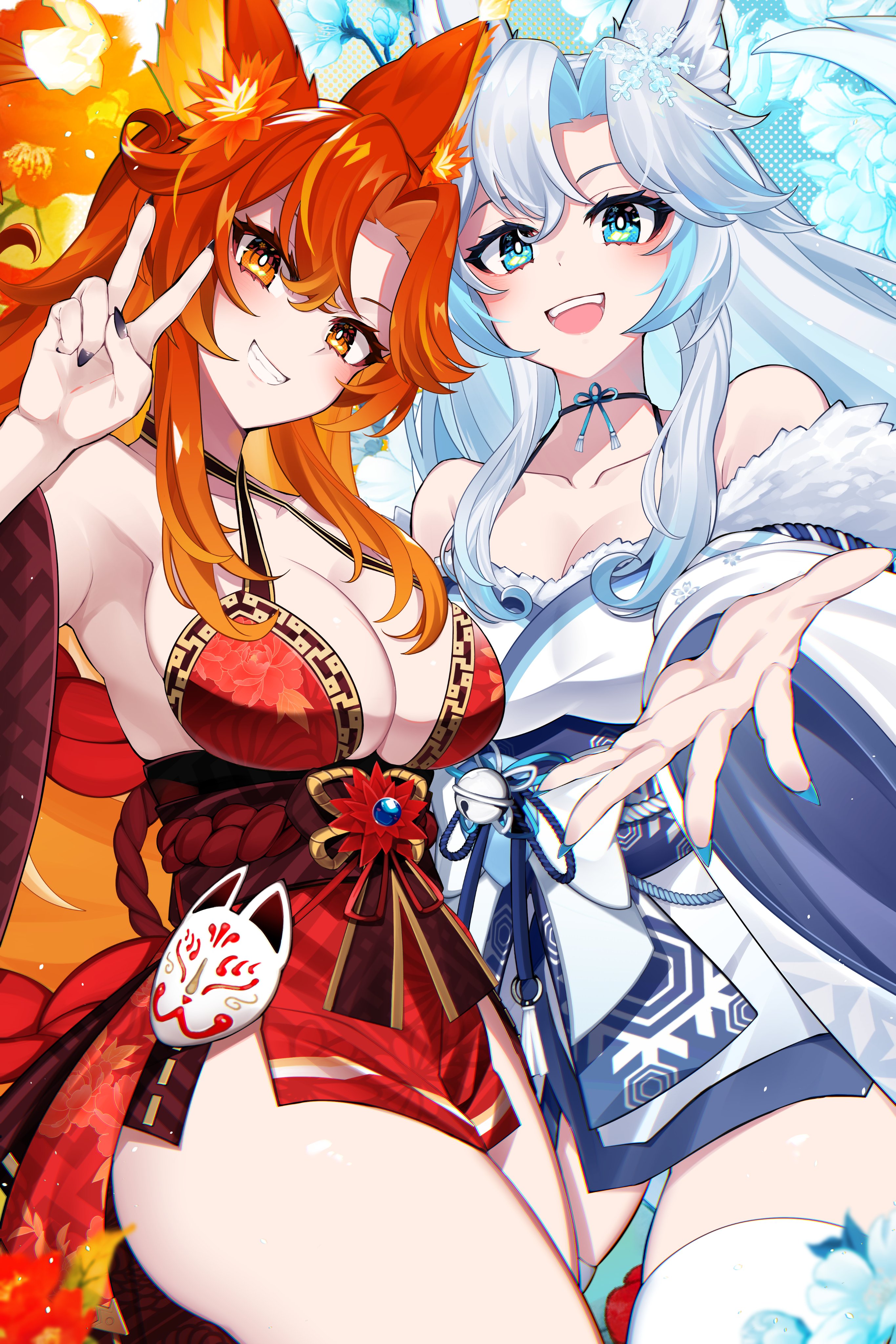 akagi (sk0127aho), smug alana, indie virtual youtuber, absurdres, highres, 2girls, animal ears, black nails, blue nails, breasts, fire, fox ears, japanese clothes, kimono, multicolored hair, multiple girls, orange hair, smile, thighhighs, two-tone hair, white hair