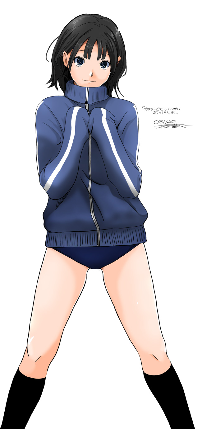 ryouzou, original, highres, black hair, blue eyes, buruma, gym uniform, jacket, short hair, simple background, smile, socks, solo