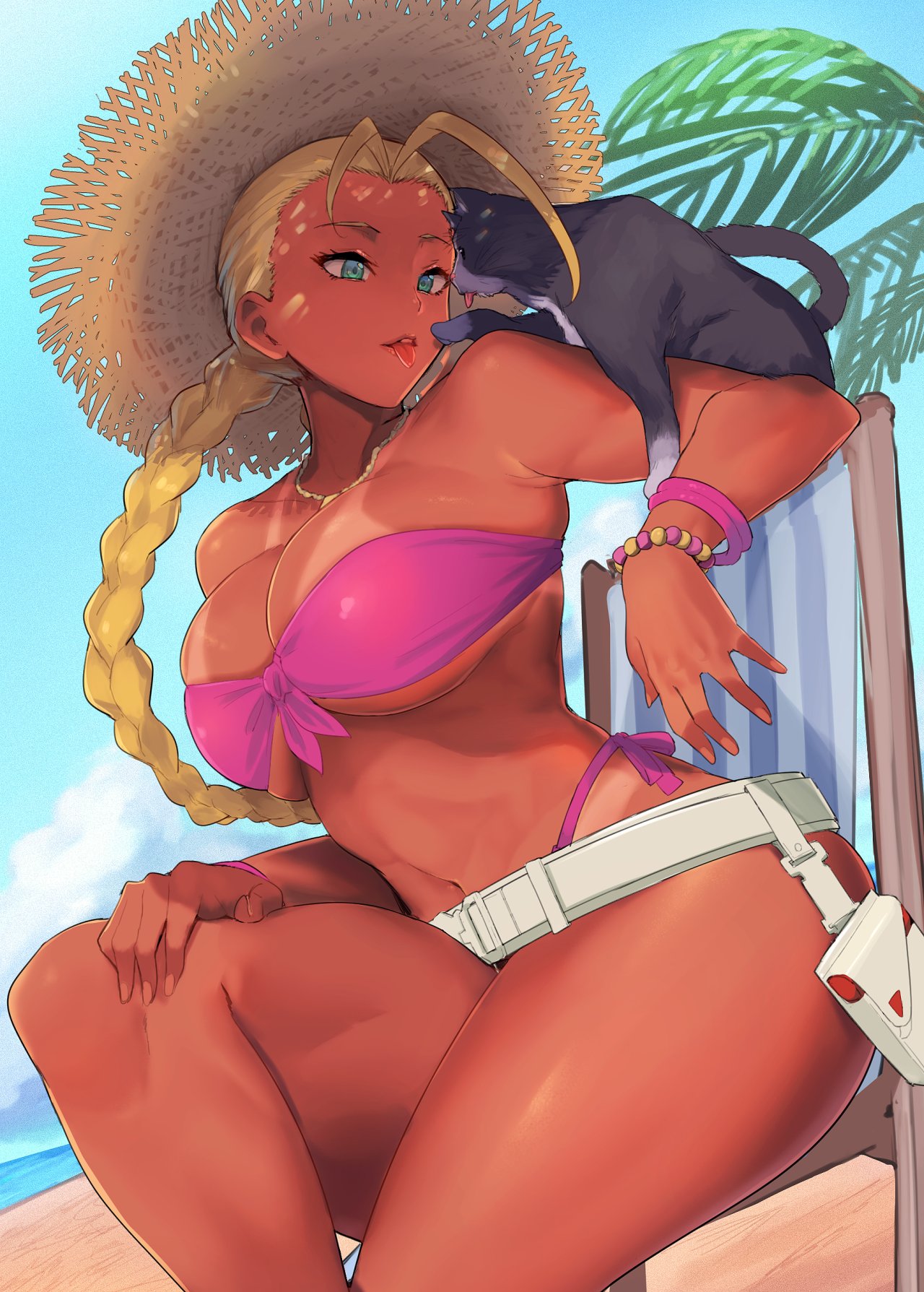 madsensei, cammy white, street fighter, hashtag-only commentary, highres, 1girl, aqua eyes, beach, belt, bikini, bikini tan, blonde hair, blue sky, bracelet, braid, braided ponytail, breasts, cat, chair, day, deck chair, folding chair, front-tie bikini top, front-tie top, hand on lap, hat, jewelry, large breasts, long hair, looking at animal, navel, outdoors, pink bikini, side-tie bikini bottom, sitting, sky, solo, strapless, strapless bikini, straw hat, sun hat, swimsuit, tan, tanline, tongue, tongue out, white belt