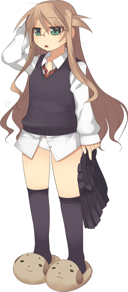 kashiwamochi yomogi, arima senka, original, bottomless, brown hair, glasses, green eyes, hinnuu-san, long hair, no pants, panties, pleated skirt, school uniform, skirt, slippers, solo, underwear, unworn skirt