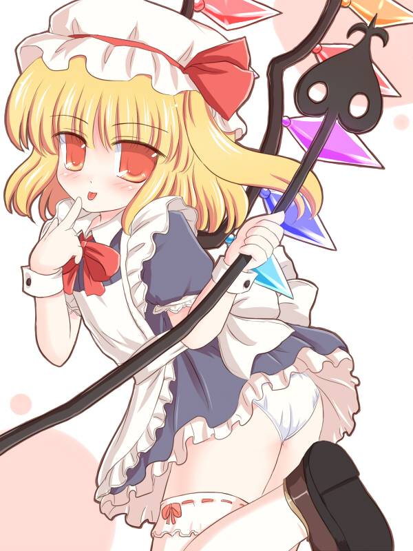 ry (yagoyago), flandre scarlet, touhou, 1girl, :p, bonnet, female focus, hat, laevatein, maid, mob cap, panties, red eyes, solo, tongue, tongue out, underwear, wings