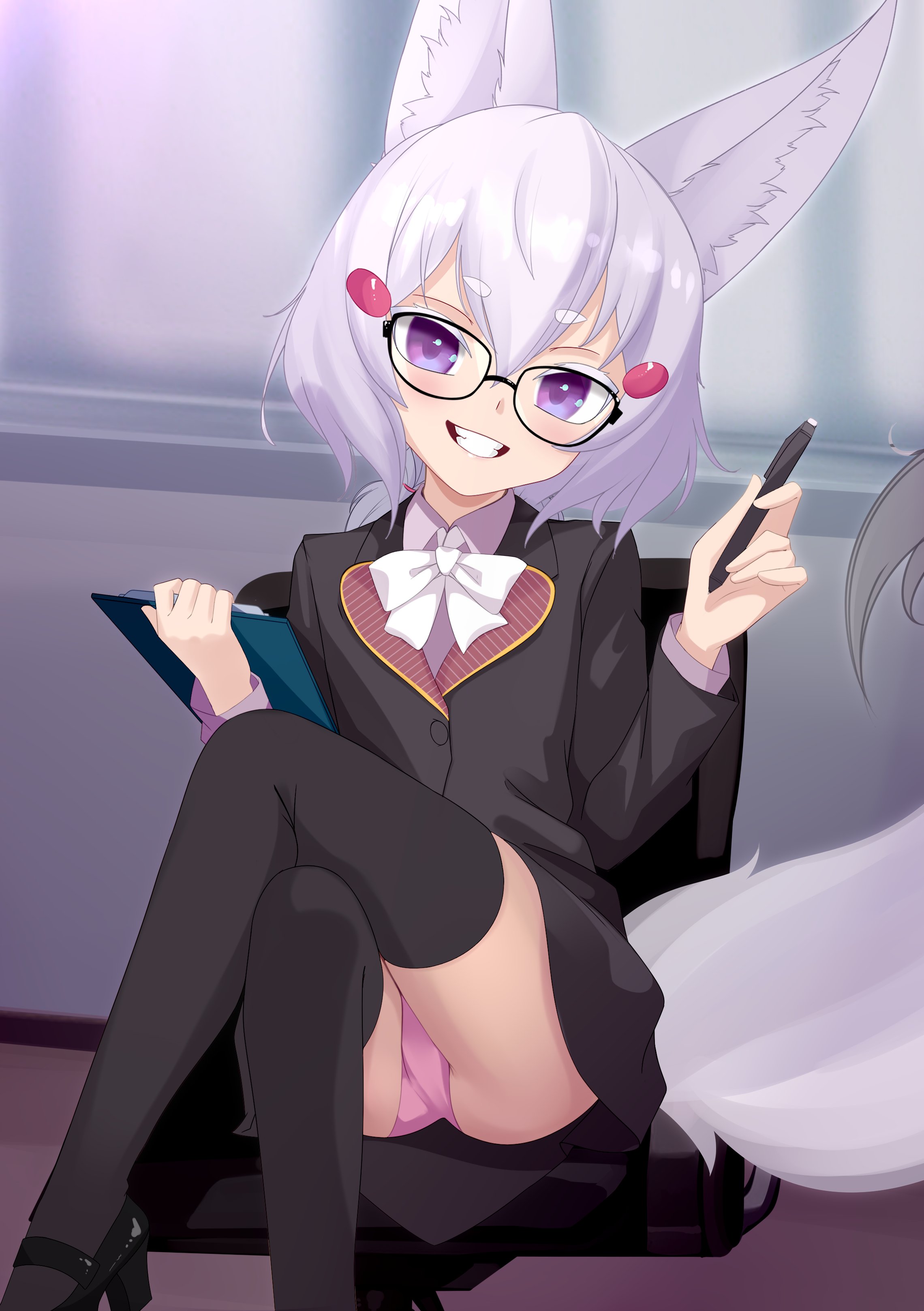 chenki (chenki), tenma maemi, tenma maemi (2nd costume), phase connect, absurdres, commentary, english commentary, highres, 1girl, animal ear fluff, animal ears, black-framed eyewear, black jacket, black shoes, black skirt, black thighhighs, bow, bowtie, chair, clipboard, crossed legs, fox ears, fox girl, fox tail, glasses, grin, hair between eyes, hair ornament, hairclip, high heels, holding, holding clipboard, holding pen, jacket, light blush, long hair, long sleeves, looking at viewer, low ponytail, office chair, office lady, official alternate costume, panties, pantyshot, pen, pink panties, ponytail, purple eyes, shoes, sitting, skirt, smile, solo, swivel chair, tail, thighhighs, underwear, upskirt, virtual youtuber, white bow, white bowtie, white hair