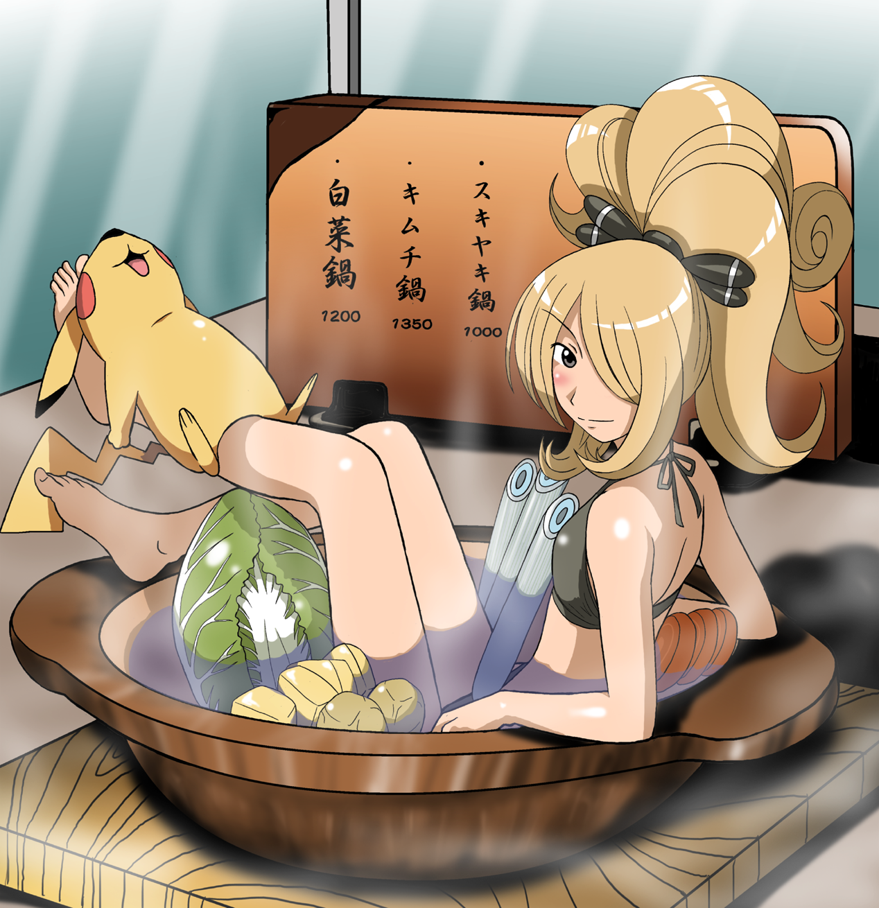 takaya n, cynthia (pokemon), pikachu, nintendo, pokemon, pokemon dppt, pokemon ranger (series), highres, 00s, 1girl, barefoot, bath, feet, food, gen 1 pokemon, hair over one eye, long hair, pokemon (creature)