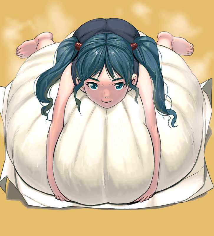kouno (masao), original, bad id, bad pixiv id, 1girl, barefoot, feet, female focus, food, green eyes, green hair, long hair, matching hair/eyes, mini person, minigirl, one-piece swimsuit, school swimsuit, solo, steamed bun, swimsuit, twintails