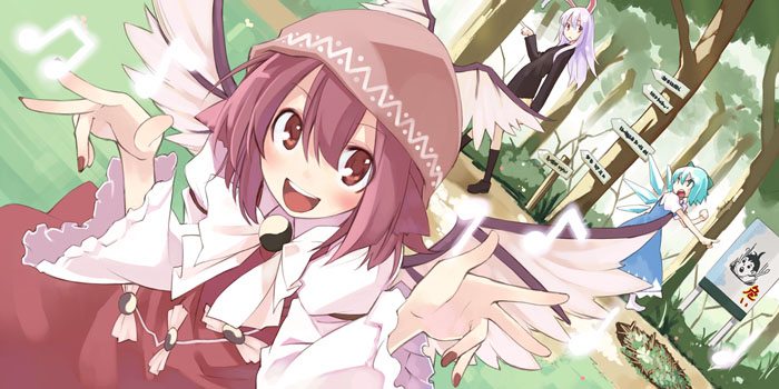 ushiki yoshitaka, cirno, mystia lorelei, reisen udongein inaba, touhou, 3girls, animal ears, dutch angle, female focus, forest, looking at viewer, looking back, multiple girls, music, musical note, nail polish, nature, pitfall, pointing, quaver, rabbit ears, red nails, road sign, sign, singing, wings