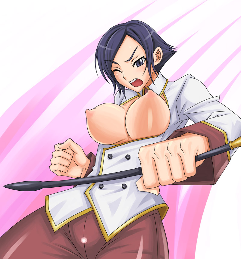syunzou, elisabeth blanctorche, snk, the king of fighters, 1girl, blue eyes, blue hair, breasts, breasts out, female focus, matching hair/eyes, nipples, no bra, one eye closed, riding crop, short hair, solo, whip, wink