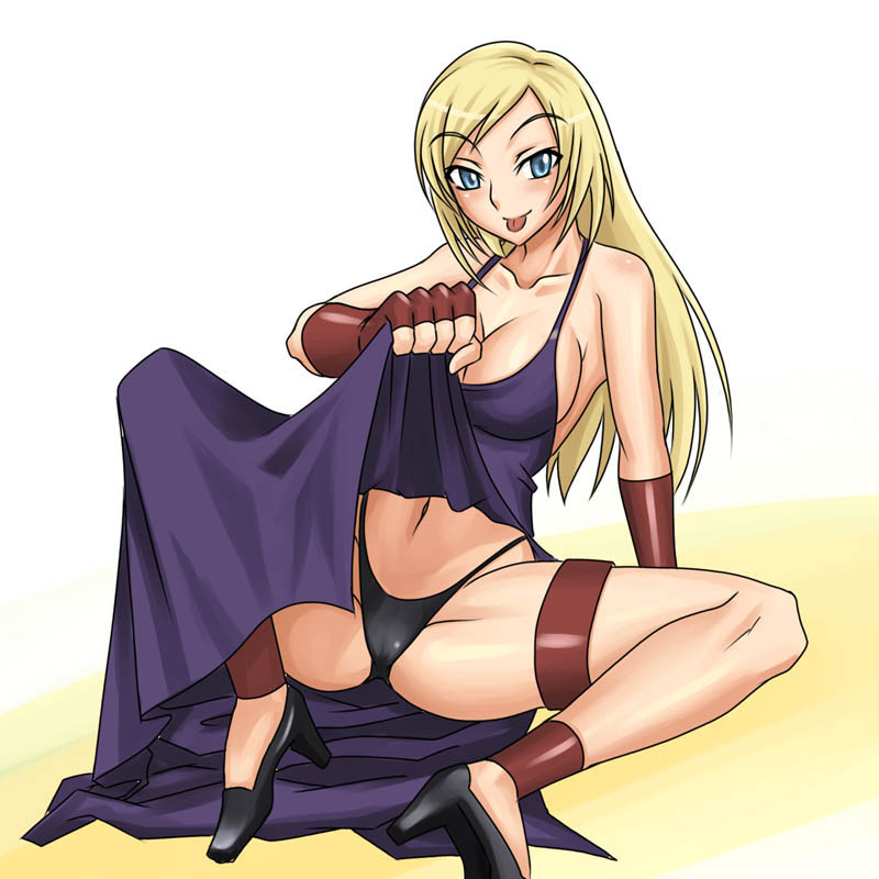 syunzou, b. jenet, b.jenet, fatal fury, garou: mark of the wolves, snk, the king of fighters, 1girl, :p, black panties, blonde hair, blue eyes, breasts, cleavage, dress, female focus, large breasts, long hair, looking at viewer, naughty face, navel, panties, smile, solo, teasing, thong, tongue, tongue out, underwear