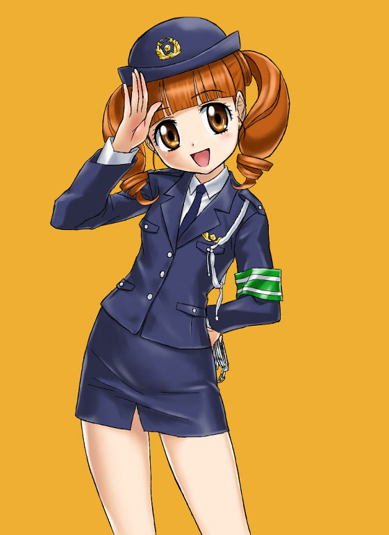 hajime (caramel toone), yumeno uta, onegai my melody, sanrio, 00s, 1girl, blush, brown eyes, brown hair, cuffs, drill hair, female focus, handcuffs, hat, japan national police, miniskirt, necktie, pencil skirt, police, police uniform, policewoman, salute, skirt, smile, solo