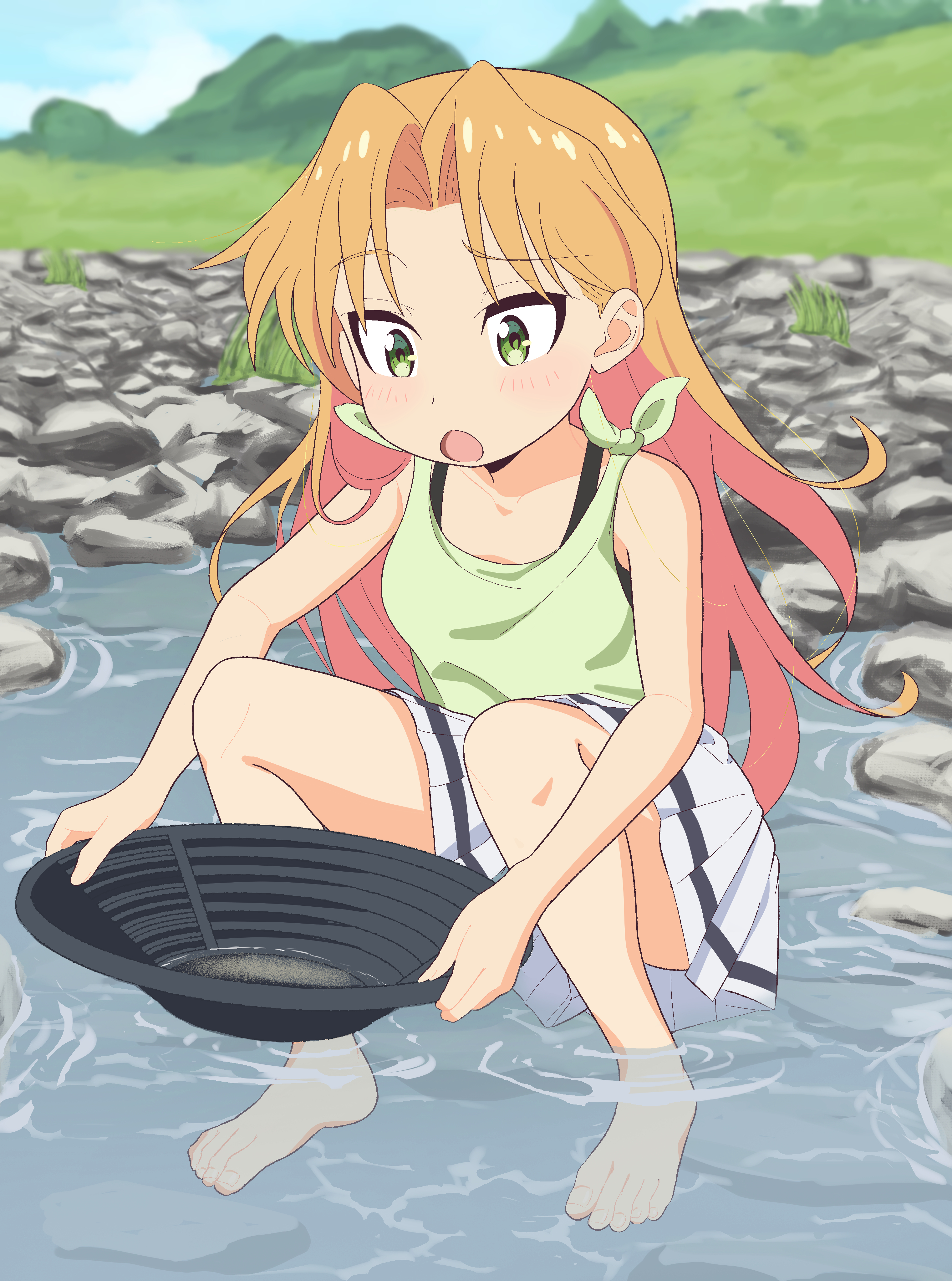 tsurasugu, tanigawa ruri, ruri no houseki, absurdres, commentary request, highres, 1girl, barefoot, green eyes, green shirt, long hair, miniskirt, open mouth, orange hair, outdoors, pleated skirt, shallow water, shirt, skirt, sleeveless, sleeveless shirt, solo, squatting, toes, water, white skirt