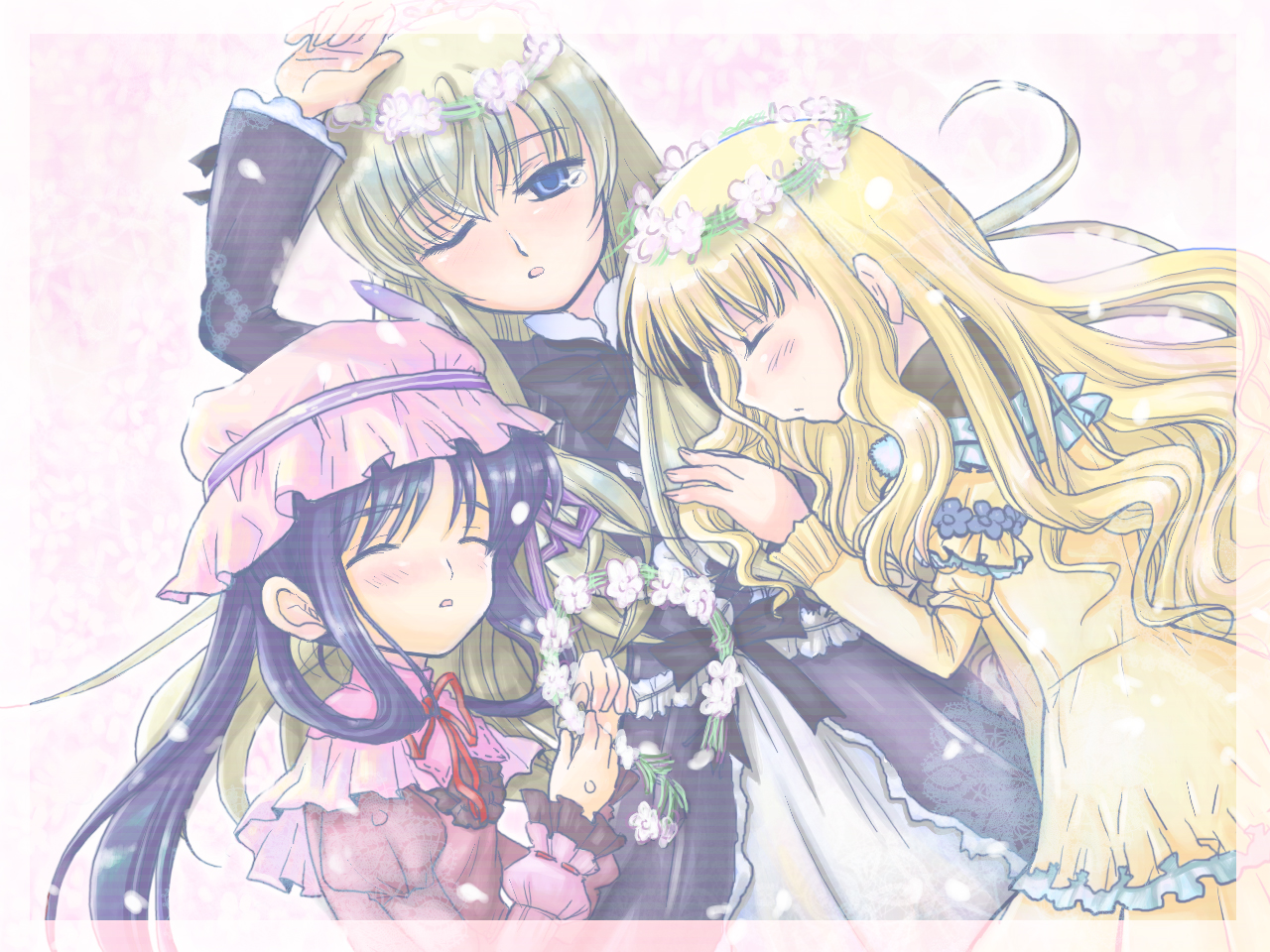 kaimu natsuki, angelica derleth, charlotte bronte, mary clarissa christie, shikkoku no sharnoth, steampunk (liarsoft), 3girls, :o, ;o, arm up, black bow, black dress, blonde hair, blue eyes, blush, bow, brown hair, closed eyes, closed mouth, dress, flower wreath, frilled hat, frilled sleeves, frills, hair ribbon, hair rings, hat, head wreath, juliet sleeves, layered dress, leaning forward, long hair, long sleeves, looking at viewer, mob cap, multiple girls, one eye closed, open mouth, pink background, pink hat, ponytail, puffy sleeves, purple hair, purple ribbon, red ribbon, ribbon, simple background, teardrop, upper body, very long hair, yellow dress