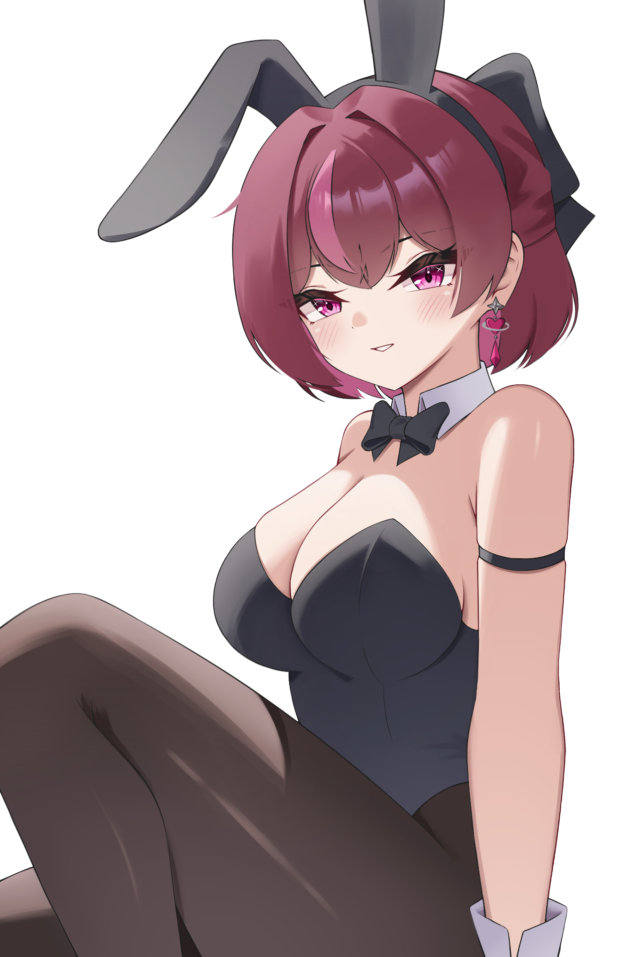 puleudingding, jururu, waktaverse, highres, 1girl, animal ears, black ribbon, blush, breasts, detached sleeves, hair ornament, hair ribbon, jewelry, large breasts, looking at viewer, neck ribbon, over-kneehighs, pantyhose, playboy bunny, purple eyes, purple hair, rabbit ears, ribbon, simple background, solo, thighhighs, virtual youtuber