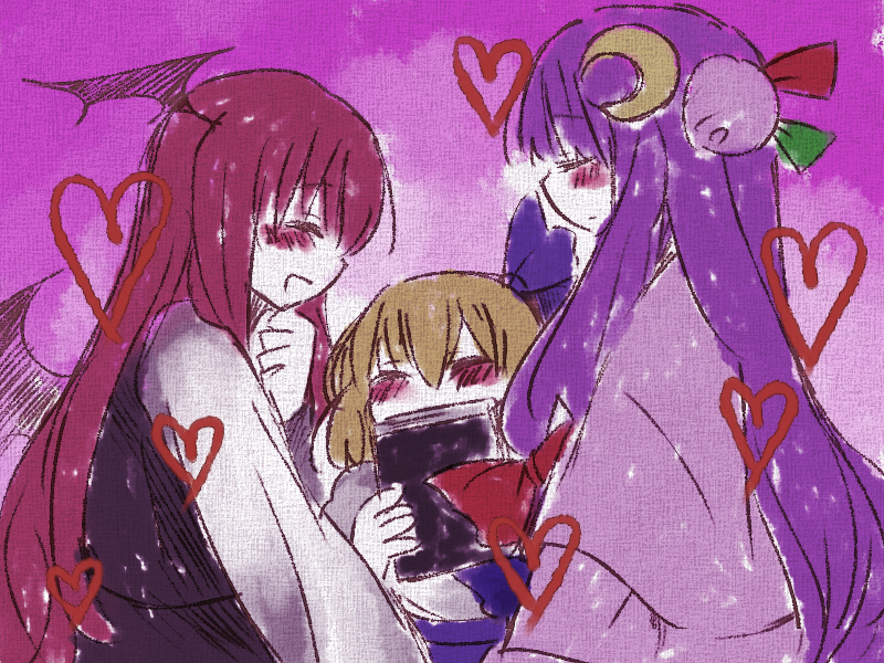 marisu, alice margatroid, alice margatroid (pc-98), koakuma, patchouli knowledge, mystic square, touhou, touhou (pc-98), bad id, bad pixiv id, 3girls, aged down, female focus, head wings, heart, multiple girls, wings