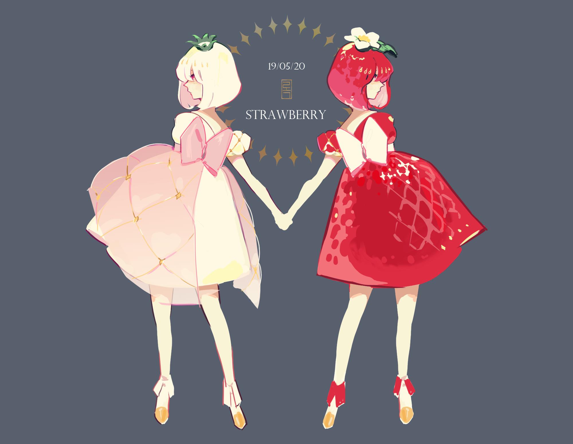rok0813, original, highres, 2girls, back-to-back, back bow, bare arms, bare shoulders, blunt ends, bob cut, boots, bow, closed mouth, crown, dated, dress, expressionless, flower, food, food-themed clothes, food print, fruit, fruit print, full body, green crown, grey background, hair flower, hair ornament, holding hands, large bow, layered dress, leaf, mini crown, multiple girls, off-shoulder dress, off shoulder, pink bow, pink dress, pointy nose, puffy short sleeves, puffy sleeves, red dress, red eyes, red hair, short hair, short sleeves, simple background, standing, strawberry, strawberry print, white boots, white bow, white dress, white flower, white hair