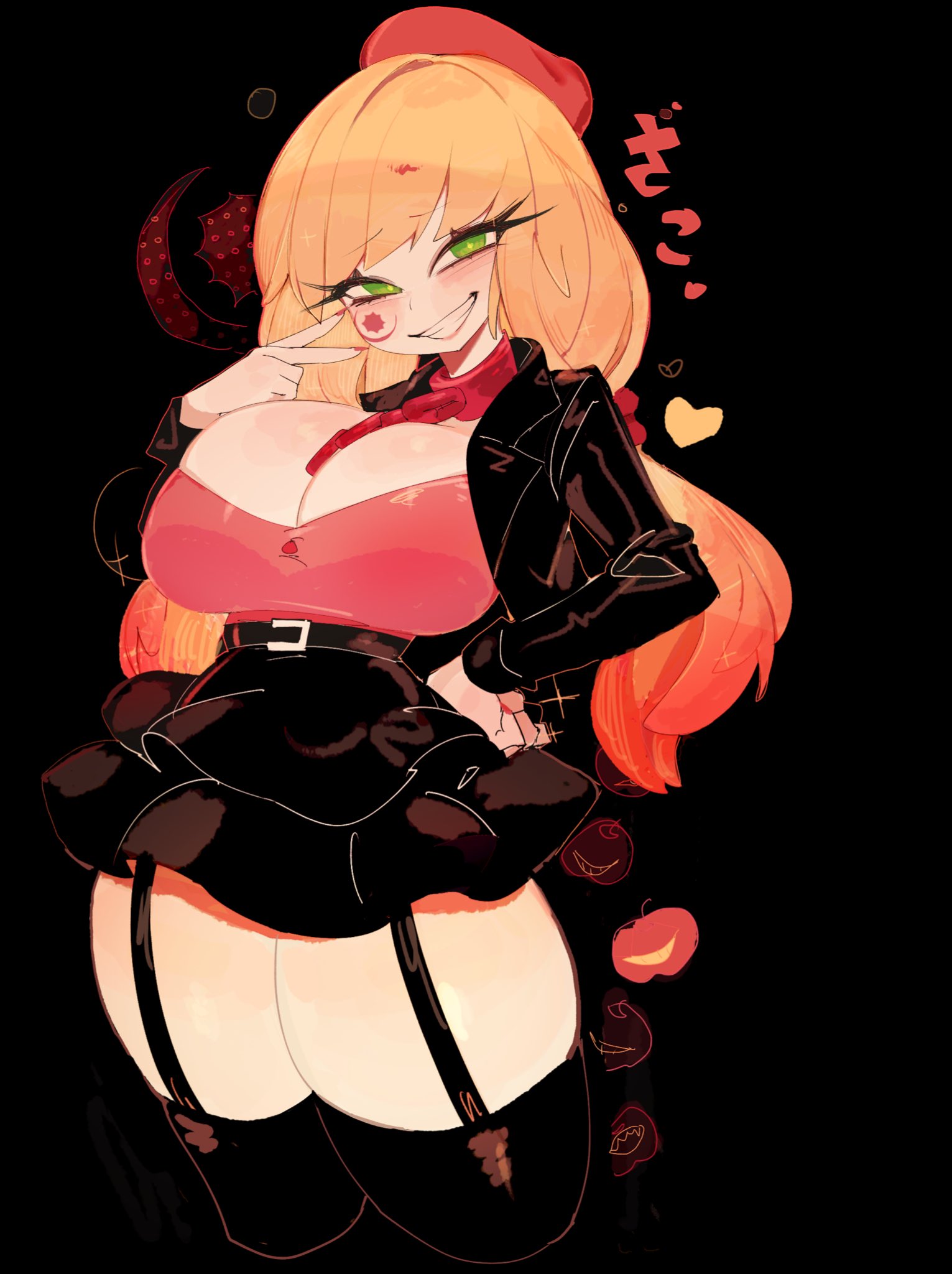 usa37107692, original, commission, highres, 1girl, belt, beret, black jacket, black thighhighs, blonde hair, blush, breasts, chain, cleavage, clenched hand, clenched teeth, cropped jacket, eyelashes, furrowed brow, garter belt, gradient hair, green eyes, hand on own hip, hat, heart, high-waist skirt, huge breasts, inward v, jacket, leather, leather jacket, long hair, looking at viewer, low twintails, microskirt, multicolored hair, narrowed eyes, open clothes, open jacket, red hat, red scrunchie, scrunchie, simple background, skindentation, skirt, smile, solo, standing, teeth, thighhighs, twintails, v