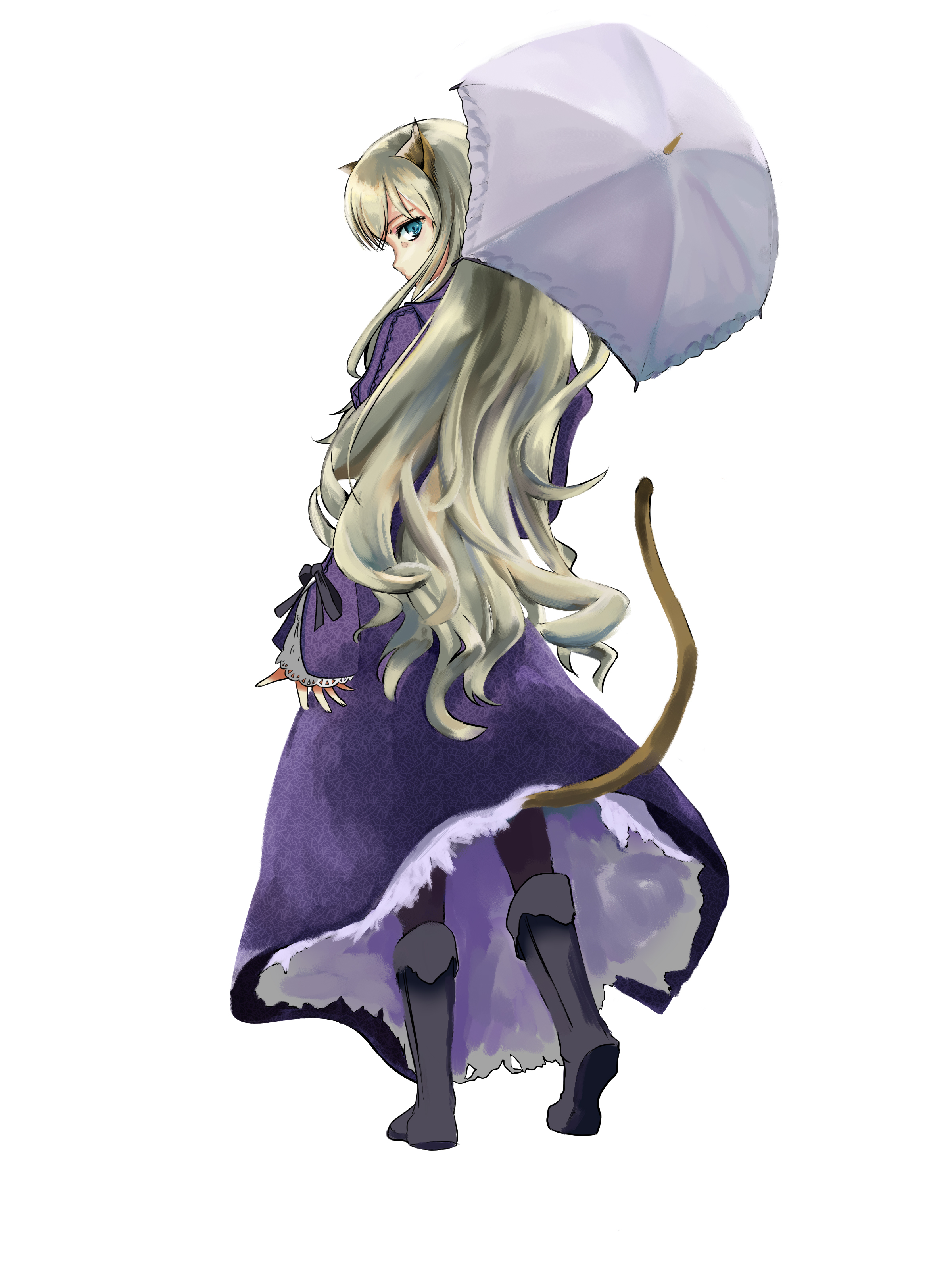 sayomin, mary clarissa christie, shikkoku no sharnoth, steampunk (liarsoft), absurdres, highres, 1girl, animal ears, blonde hair, cat ears, cat girl, cat tail, female focus, full body, heterochromia, long hair, pantyhose, parasol, simple background, solo, tail, umbrella