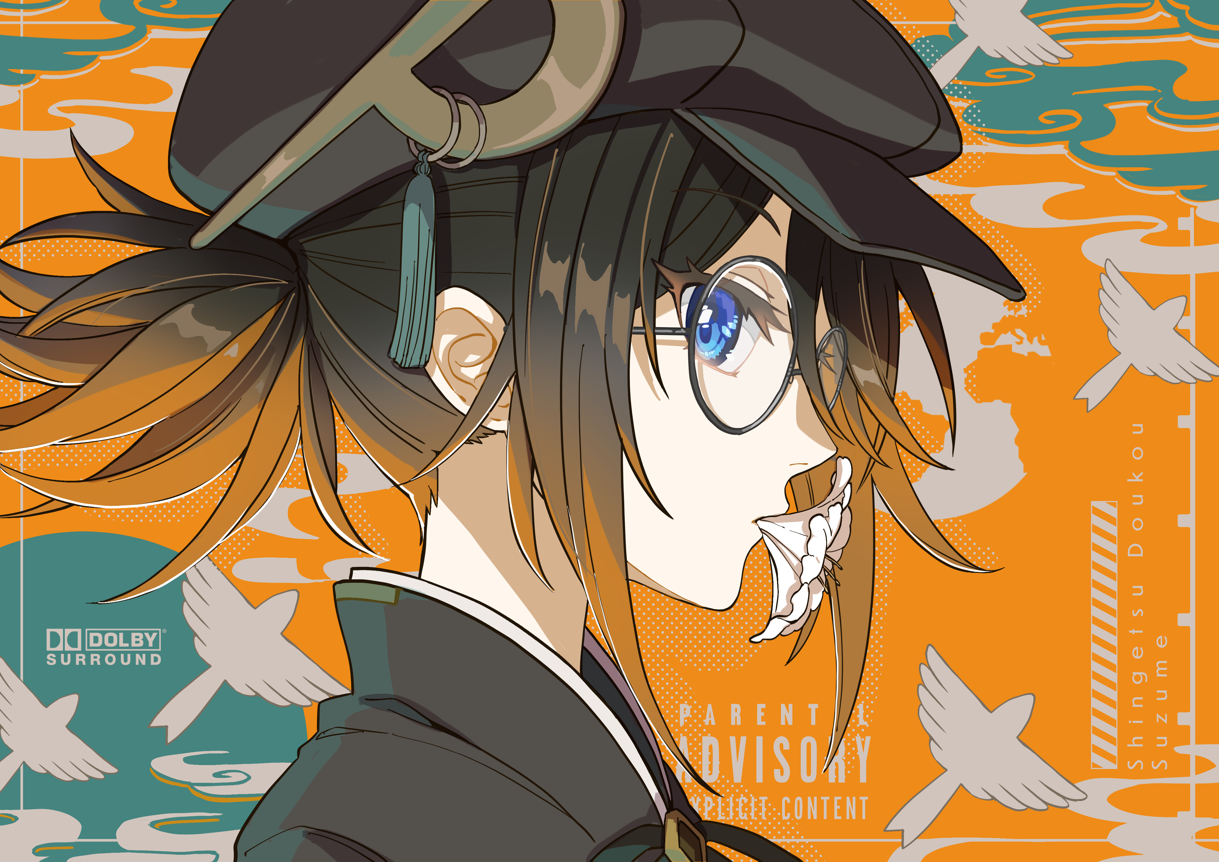 misono reiji, xinyue tongxing, absurdres, highres, 1girl, black hair, blue eyes, flower, flower in mouth, from side, glasses, hat, maque (xinyue tongxing), newsboy cap, orange background, ponytail, portrait, profile, round eyewear, short ponytail, solo, white flower