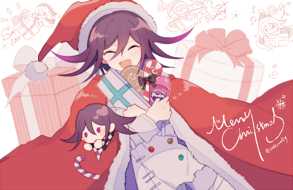 sakura (fein5862817), oma kokichi, danganronpa (series), danganronpa v3: killing harmony, ^ ^, belt, bottle, buttons, candy, candy cane, character doll, chibi, christmas, cloak, closed eyes, cookie, cowboy shot, doll, dot nose, double-breasted, english text, eyelashes, food, fur-trimmed cloak, fur-trimmed headwear, fur trim, gift, hair between eyes, hat, heart, holding, holding bottle, holding candy, holding food, holding gift, jacket, light blush, long sleeves, male focus, merry christmas, multicolored buttons, multiple views, musical note, open mouth, pants, purple hair, red cloak, red hat, santa hat, short hair, sleeve cuffs, smile, snowflakes, soda, soda bottle, standing, thigh belt, thigh strap, torn clothes, torn jacket, twitter username, white background, white belt, white jacket, white pants, wrist belt