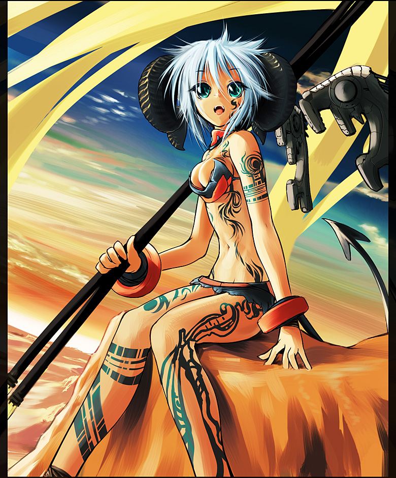 alf874, original, bad id, bad pixiv id, 1girl, aqua eyes, blue hair, demon girl, demon tail, female focus, horns, short hair, sitting, smile, solo, tail, tattoo, torn clothes