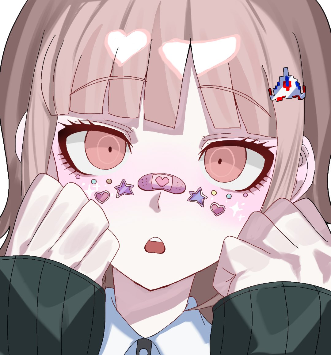 nanami chiaki, danganronpa (series), danganronpa 2: goodbye despair, 1girl, brown hair, collared shirt, flipped hair, hair ornament, hands up, jacket, long sleeves, looking at viewer, medium hair, neck ribbon, open clothes, open jacket, pink eyes, ribbon, shirt, solo, tarutaru428, two-tone shirt, white shirt