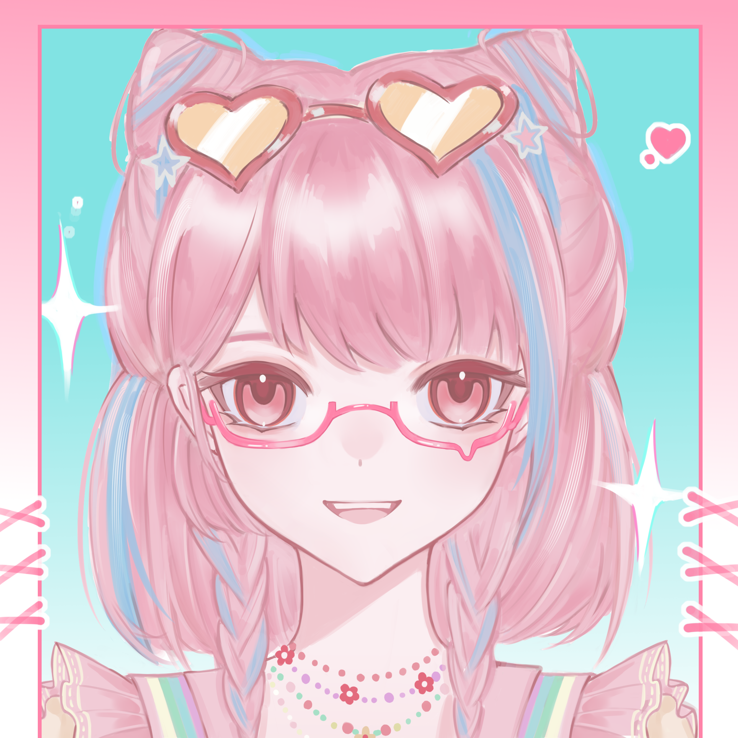 sweet rhapsody (infinity nikki), infinity nikki, nikki (series), absurdres, highres, 1girl, aegyo sal, aqua background, bead necklace, beads, bespectacled, blue hair, border, braid, cone hair bun, dot nose, double bun, eyelashes, eyeliner, eyewear on head, flower, flower necklace, frilled vest, frills, glasses, gradient border, gusangyin, hair bun, happy, heart, jewelry, light blush, long hair, looking at viewer, makeup, multicolored hair, necklace, open mouth, pink-framed eyewear, pink border, pink eyeliner, pink eyes, pink hair, pink vest, print vest, rainbow print, red-framed eyewear, red flower, ribbon-trimmed vest, shirt, smile, solo, sparkle, straight-on, streaked hair, sunglasses, teardrop-framed glasses, teeth, tinted eyewear, twin braids, two-tone border, two-tone hair, upper body, upper teeth only, vest, white border, y2k fashion, yellow-tinted eyewear, yellow shirt