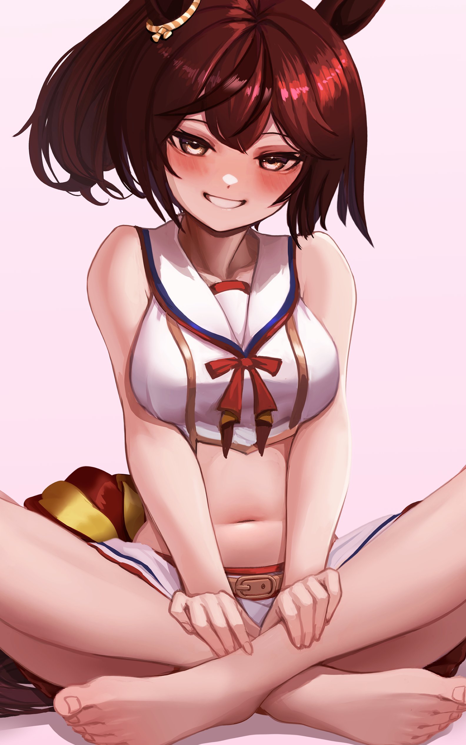hoshikuzu kizuna (kizuna stardust), nice nature (run&win) (umamusume), nice nature (umamusume), umamusume, absurdres, highres, 1girl, animal ears, bare shoulders, barefoot, blush, bow, bowtie, breasts, brown eyes, brown hair, cheerleader, crop top, ear ornament, feet, grin, hands on own legs, horse ears, horse girl, horse tail, indian style, looking at viewer, medium breasts, medium hair, navel, official alternate costume, pink background, red bow, red bowtie, sailor collar, shirt, sitting, skirt, sleeveless, sleeveless shirt, smile, solo, stomach, tail, toes, white shirt, white skirt