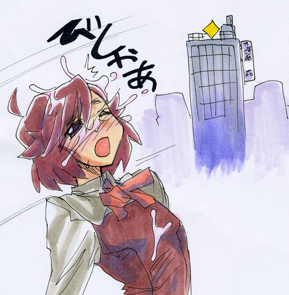 kikuta, aoba tsugumi, kannagi, 00s, 1girl, blush, cum, cum on body, facial, female focus, red hair, school uniform, sniped, solo