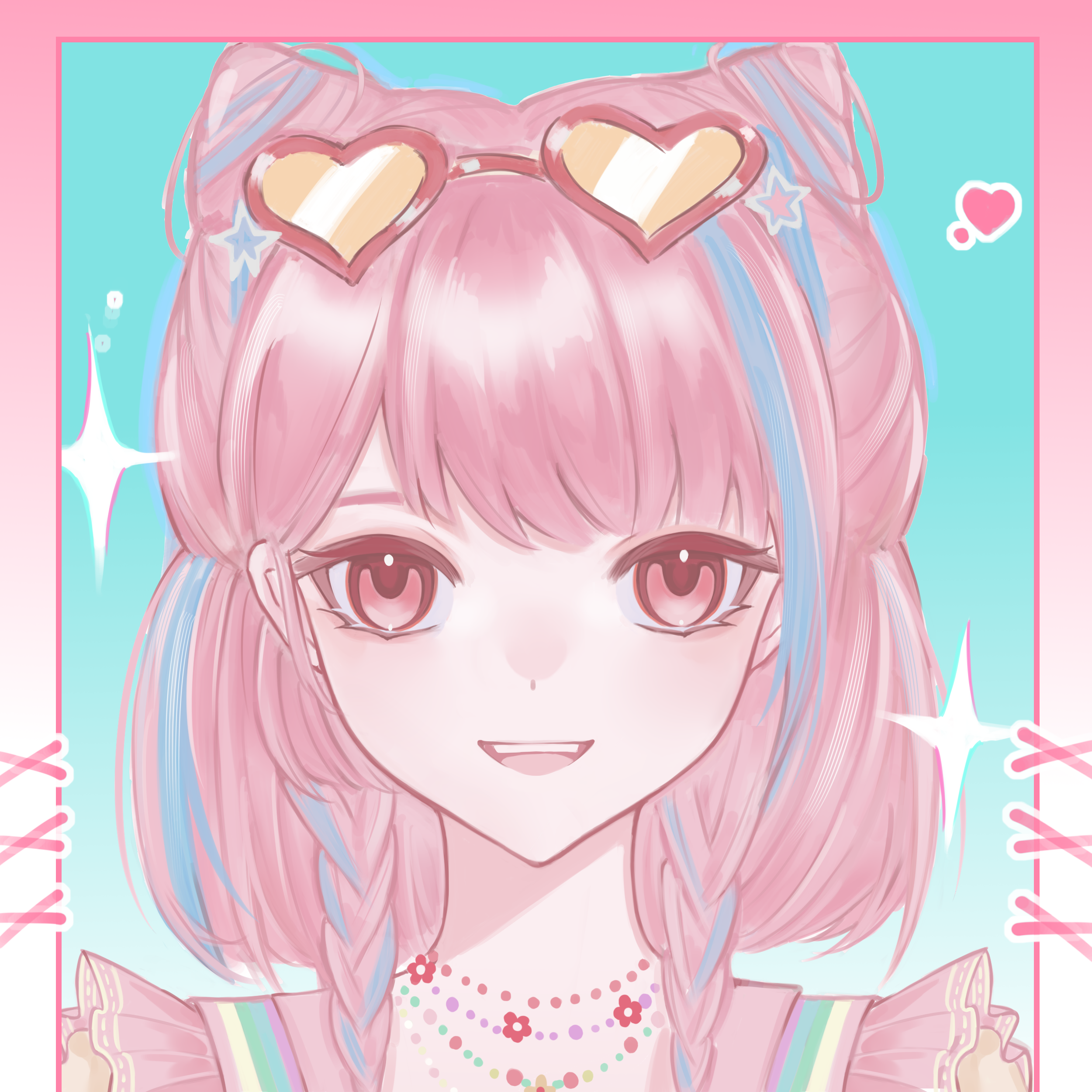 sweet rhapsody (infinity nikki), infinity nikki, nikki (series), absurdres, highres, 1girl, aegyo sal, aqua background, bead necklace, beads, blue hair, border, braid, cone hair bun, dot nose, double bun, eyelashes, eyeliner, eyewear on head, flower, flower necklace, frilled vest, frills, gradient border, gusangyin, hair bun, happy, heart, jewelry, light blush, long hair, looking at viewer, makeup, multicolored hair, necklace, open mouth, pink border, pink eyeliner, pink eyes, pink hair, pink vest, print vest, rainbow print, red-framed eyewear, red flower, ribbon-trimmed vest, shirt, smile, solo, sparkle, straight-on, streaked hair, sunglasses, teeth, tinted eyewear, twin braids, two-tone border, two-tone hair, upper body, upper teeth only, vest, white border, y2k fashion, yellow-tinted eyewear, yellow shirt