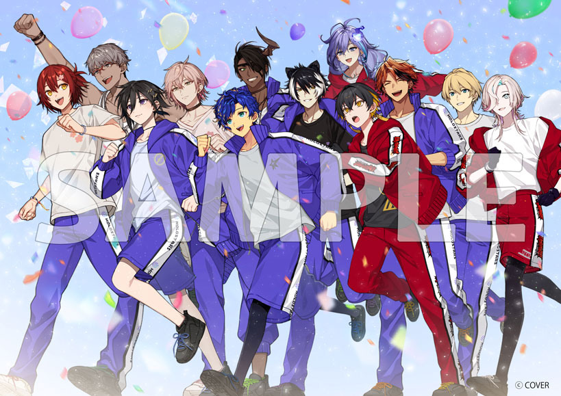 onimoti, aragami oga, arurandeisu, astel leda, hanasaki miyabi, kageyama shien, kanade izuru, kishido temma, minase rio, rikka (holostars), utsugi uyu, yatogami fuma, yukoku roberu, holostars, official art, 6+boys, :d, ^ ^, alternate costume, animal ears, antenna hair, arm up, balloon, black choker, black gloves, black hair, black leggings, black shirt, black shoes, black socks, blonde hair, blue eyes, blue hair, bracelet, choker, clenched hand, closed eyes, closed mouth, collarbone, confetti, copyright notice, curtained hair, dark-skinned male, dark skin, day, demon horns, earrings, everyone, eyepatch, flower, full body, glasses, gloves, green eyes, grey eyes, grey hair, grin, hair between eyes, hair flower, hair ornament, hair over one eye, half updo, hitodama, hood, hood down, hooded jacket, horns, jackal boy, jackal ears, jackal tail, jacket, jewelry, leggings, light particles, lightning bolt, lightning bolt hair ornament, lightning bolt symbol, long hair, long sleeves, looking ahead, looking at another, looking back, male focus, medium hair, mole, mole under eye, multicolored hair, multiple boys, off shoulder, open clothes, open jacket, open mouth, orange hair, outdoors, outstretched arms, pants, parted lips, pink hair, purple eyes, purple hair, purple jacket, purple pants, purple shorts, purple track suit, red-framed eyewear, red hair, red jacket, red pants, red shorts, red track suit, running, sample watermark, sharp teeth, shirt, shoes, short hair, shorts, single horn, smile, sneakers, socks, spread arms, streaked hair, t-shirt, tail, tank top, teeth, track jacket, track pants, track suit, two-tone hair, v-neck, v-shaped eyebrows, virtual youtuber, watermark, white hair, white shirt, white tank top, yellow eyes