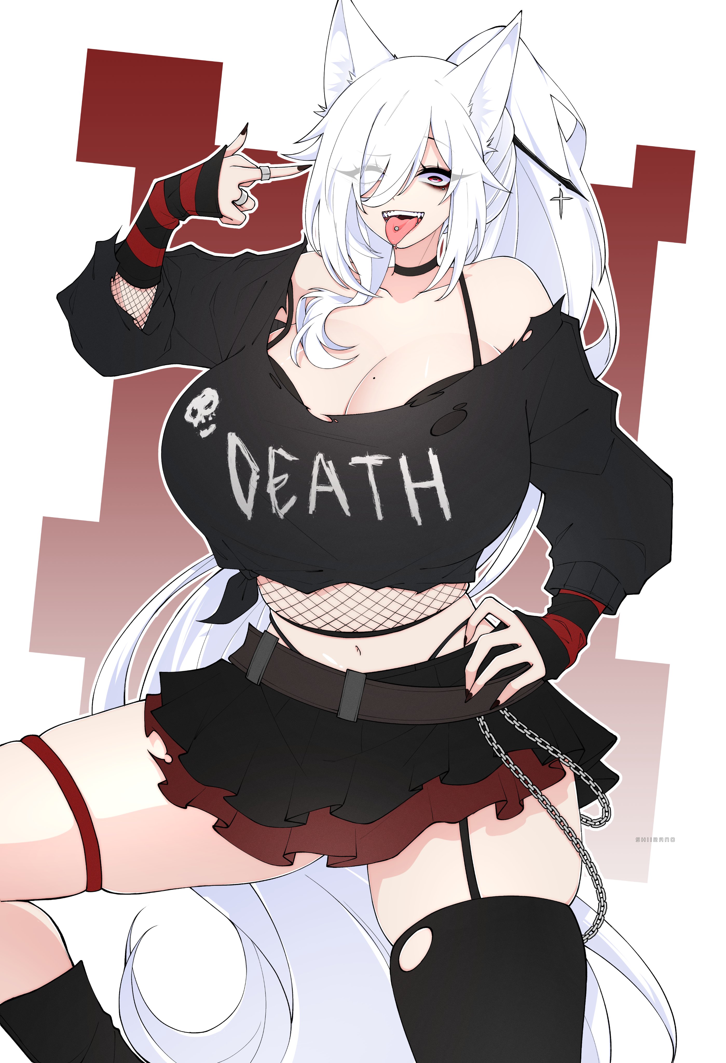 shiirano, discordia (vtuber), indie virtual youtuber, absurdres, commission, highres, 1girl, animal ear fluff, animal ears, asymmetrical legwear, belt, black choker, black nails, black shirt, black skirt, black thighhighs, breasts, chain, choker, cleavage, clothes writing, collarbone, fishnet sleeves, fishnets, fox ears, fox girl, garter straps, hair over one eye, hand on own hip, jewelry, large breasts, long hair, middle finger, midriff, mole, mole on breast, navel, piercing, ring, shirt, single garter strap, skirt, solo, striped sleeves, thigh strap, thighhighs, tied shirt, tongue, tongue out, tongue piercing, torn clothes, torn shirt, virtual youtuber, white hair