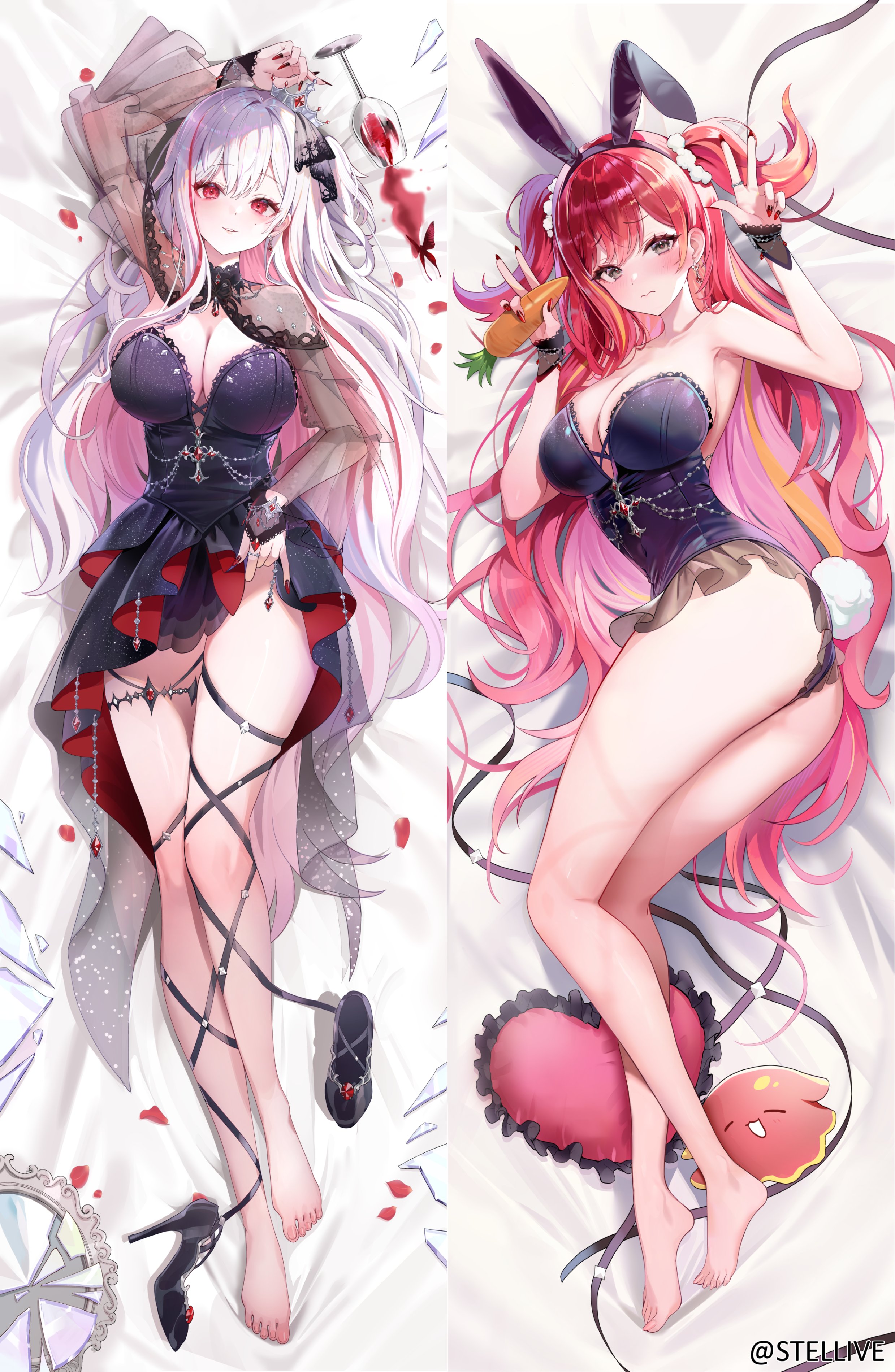misyune, akane lize, stellive, absurdres, highres, official art, 1girl, animal ears, bare shoulders, barefoot, black bridal gauntlets, blonde hair, breasts, bridal gauntlets, cleavage, closed mouth, dakimakura (medium), fake animal ears, feet, full body, grey eyes, large breasts, long hair, looking at viewer, lying, multicolored hair, multiple views, parted lips, playboy bunny, rabbit ears, red eyes, red hair, shoes, smile, streaked hair, toes, unworn shoes, very long hair, virtual youtuber, white hair