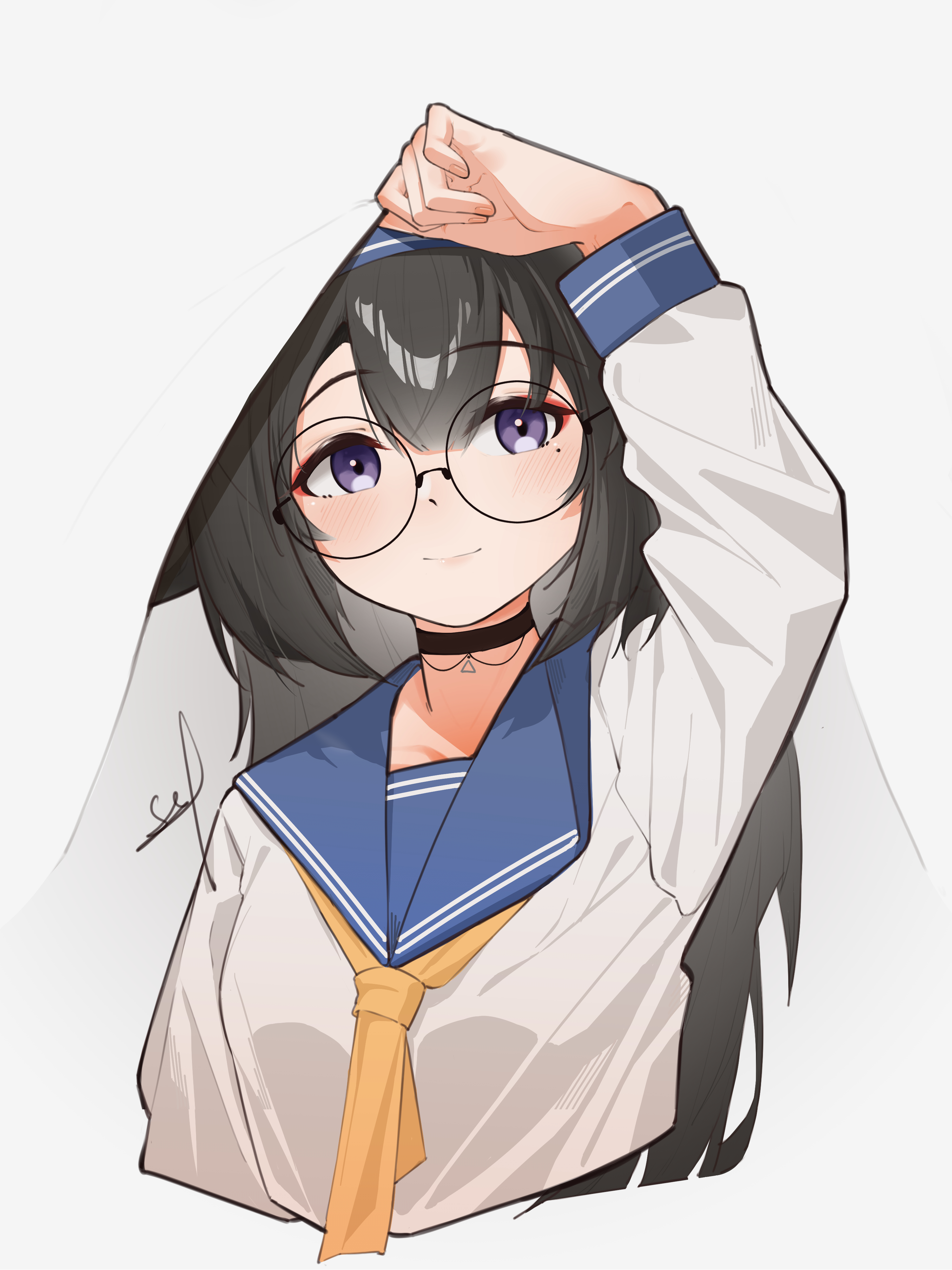 sitar4081, super sass (girls' frontline), girls' frontline, absurdres, commentary, highres, bespectacled, black hair, blue sailor collar, blush, closed mouth, cropped torso, glasses, light smile, long hair, looking at viewer, mole, mole under eye, neckerchief, round eyewear, sailor collar, school uniform, serafuku, simple background, white background, yellow neckerchief