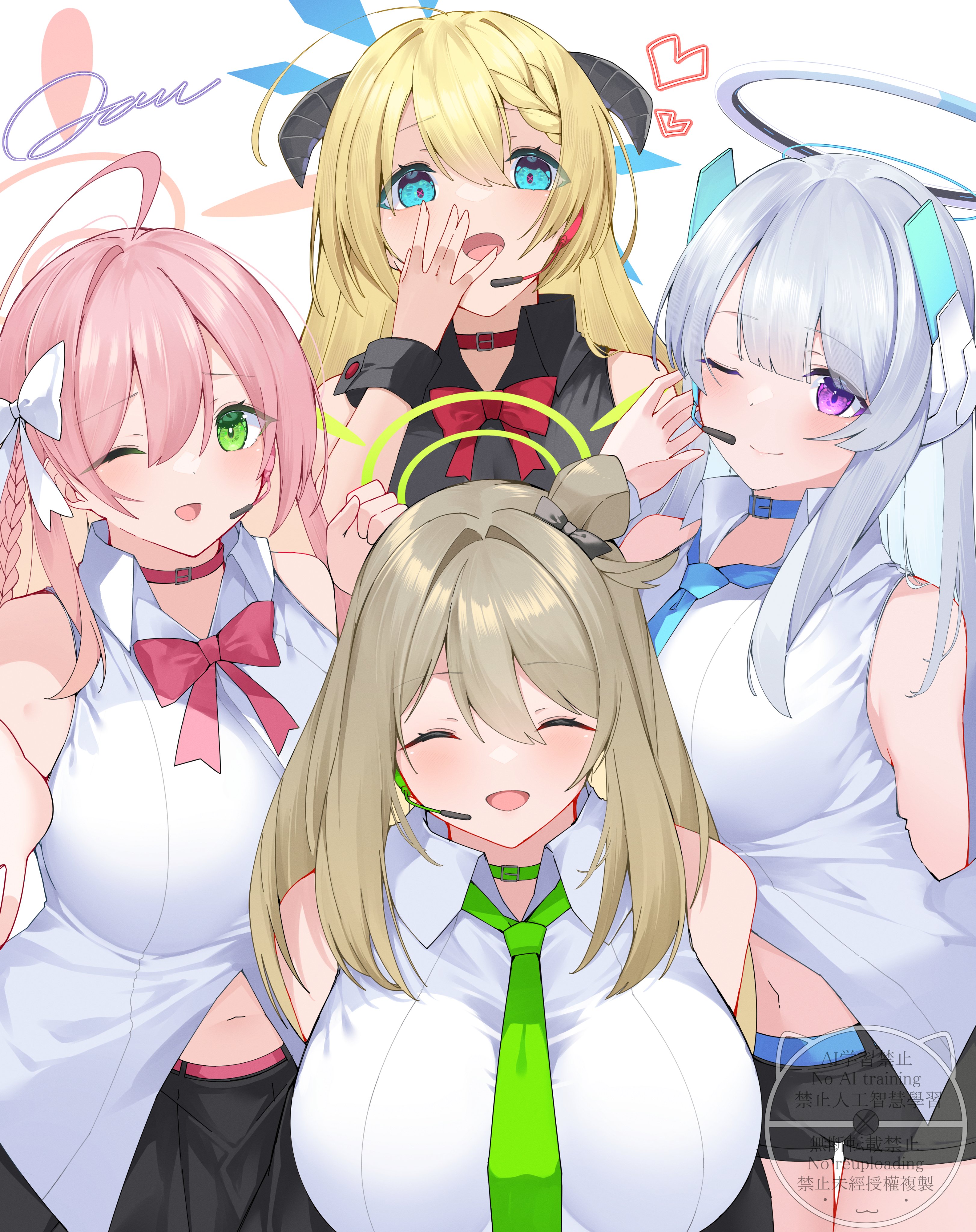 mk iii jam, akari (blue archive), hanako (blue archive), noa (blue archive), nonomi (blue archive), blue archive, absurdres, highres, 4girls, ahoge, belt collar, black horns, black shirt, black shorts, blonde hair, blue halo, blue necktie, bow, bowtie, breasts, closed eyes, collar, demon horns, earpiece, green eyes, green halo, hair bow, hair bun, halo, headgear, horns, large breasts, long hair, looking at viewer, mechanical halo, multiple girls, necktie, one eye closed, pink hair, pink halo, pink pupils, shirt, shorts, single side bun, sleeveless, sleeveless shirt, smile, white bow, white hair, white halo, white shirt, yellow necktie