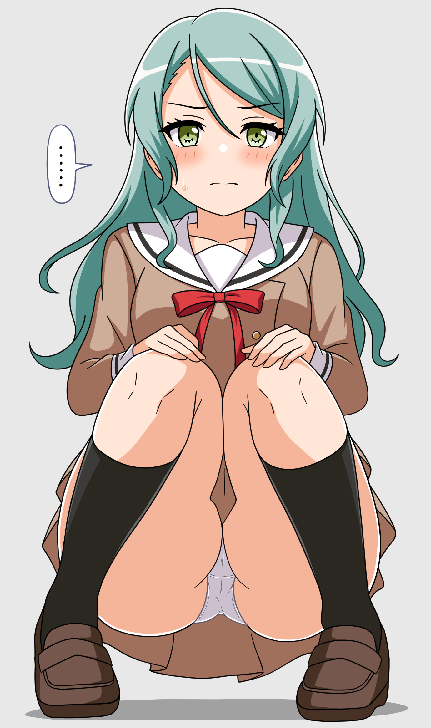 tankuro uri, hikawa sayo, roselia (bang dream!), bang dream!, highres, 1girl, black socks, blush, cameltoe, full body, hair between eyes, hanasakigawa school uniform, hands on own knees, loafers, long sleeves, looking at viewer, panties, pantyshot, school uniform, shadow, shoes, socks, solo, speech bubble, squatting, straight-on, sweatdrop, underwear, white panties, winter uniform