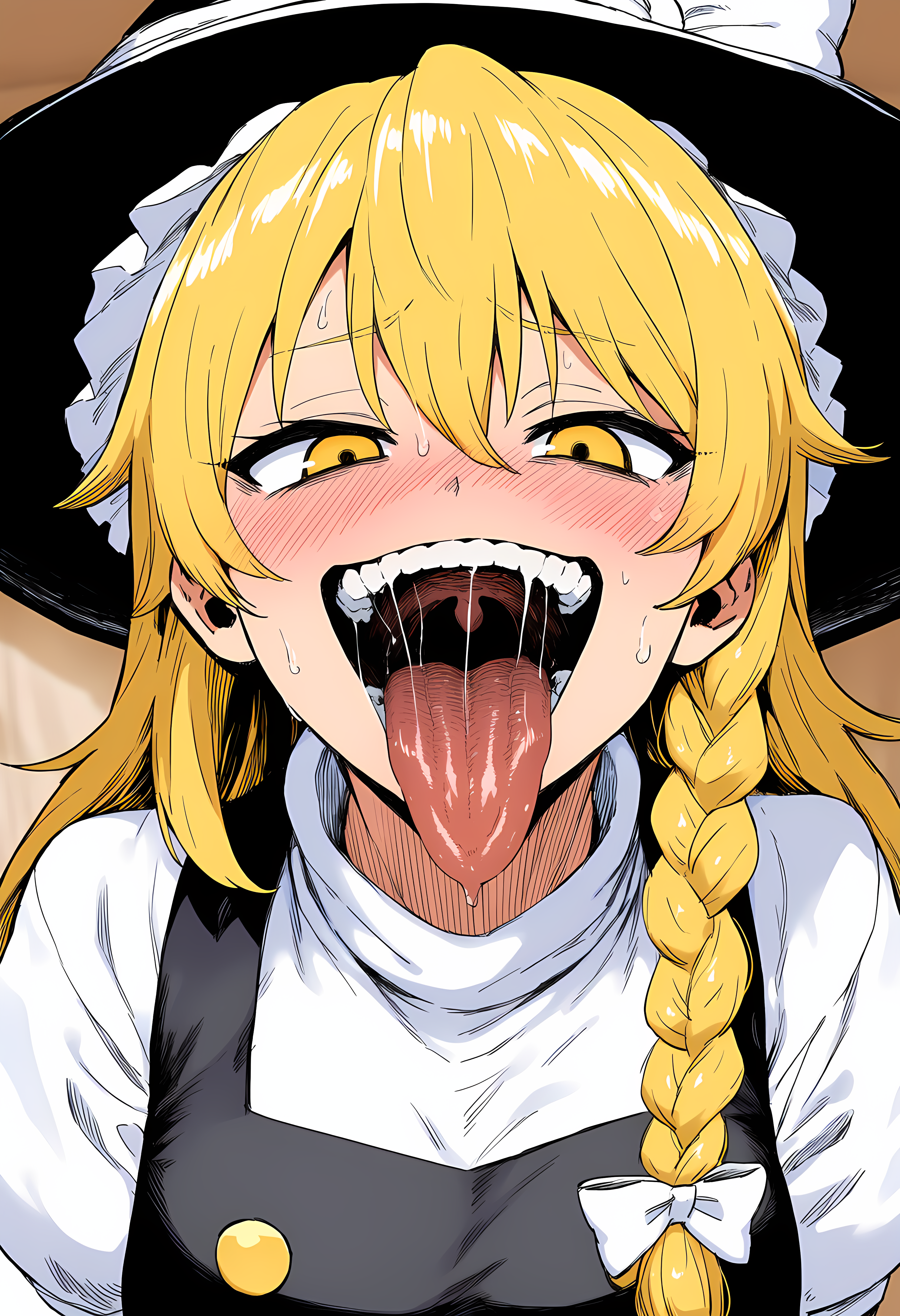 kirisame marisa, touhou, ai-generated, saliva, saliva trail, tongue, tongue out