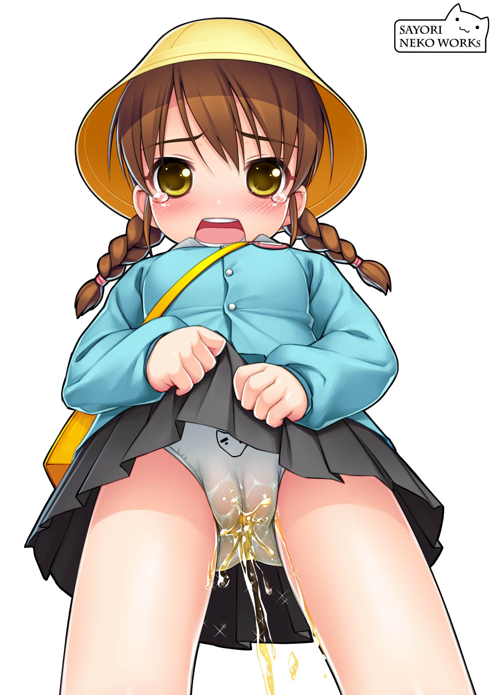 sayori (neko works), god (sumaga), sumaga, bad id, bad pixiv id, highres, 1girl, backpack, bag, cameltoe, female focus, hat, kindergarten, kindergarten uniform, loli, looking at viewer, miniskirt, panties, pantyshot, pee, peeing, peeing self, pussy, randoseru, school hat, school uniform, simple background, skirt, solo, uncensored, underwear, upskirt, white background
