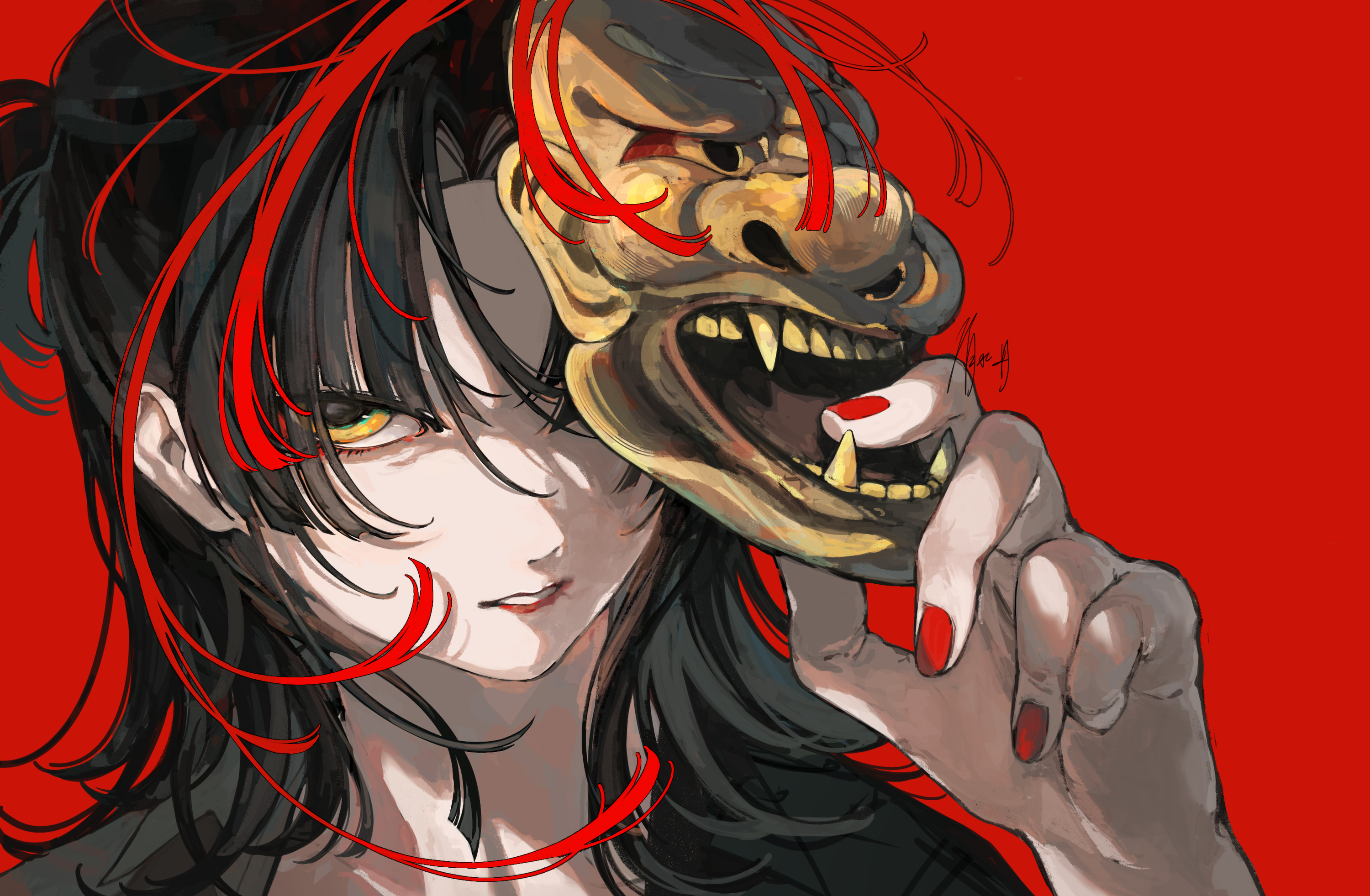 shimizu en (shimizuen3310), original, highres, 1boy, bishounen, black hair, close-up, hannya, holding, holding mask, looking at viewer, male focus, mask, multicolored hair, nail polish, noh mask, parted bangs, parted lips, red background, red hair, red nails, solo, two-tone hair, unworn mask, upper body, yellow eyes