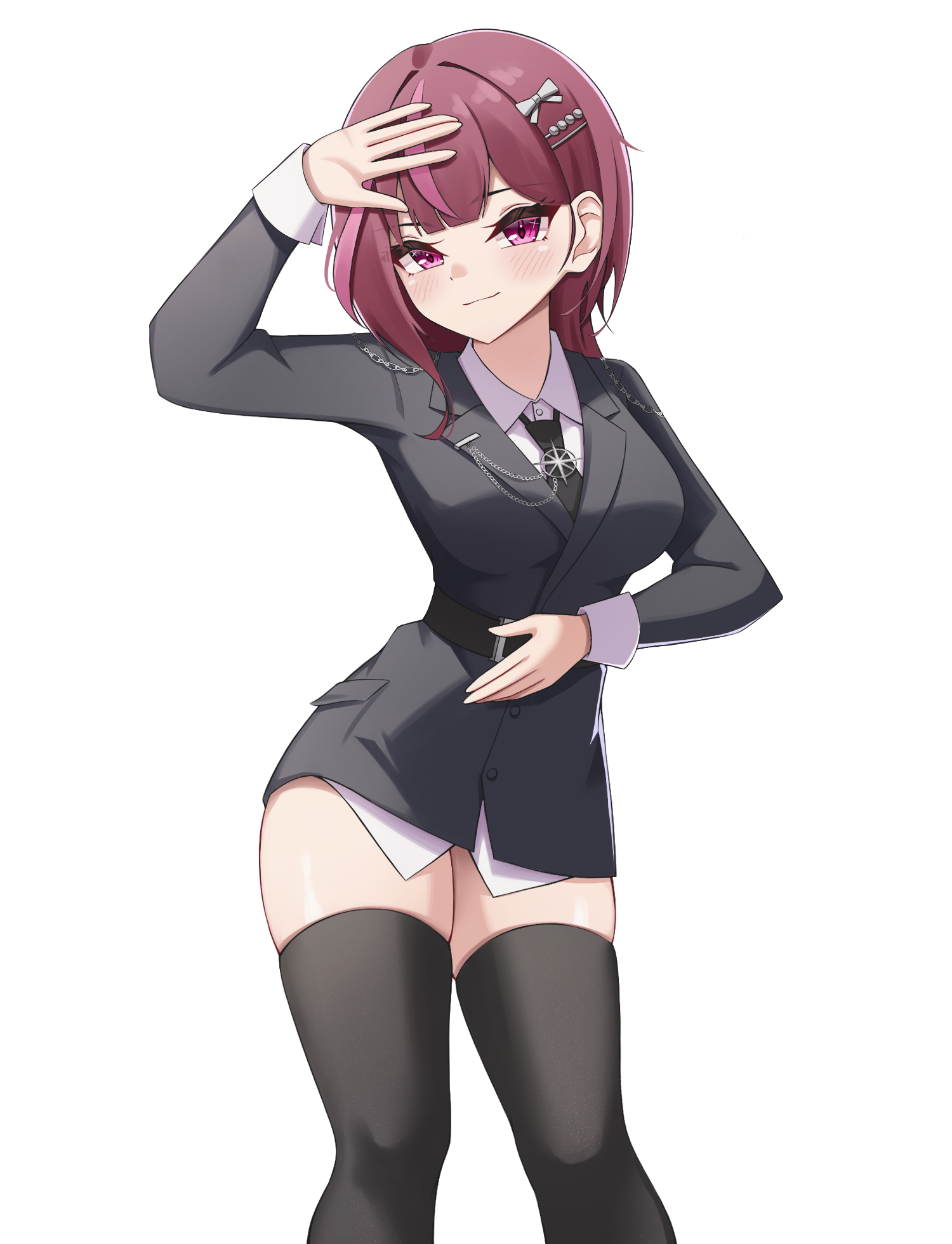 puleudingding, jururu, waktaverse, highres, 1girl, black necktie, black thighhighs, blush, breasts, closed mouth, hair ornament, long sleeves, looking at viewer, necktie, no pants, purple eyes, purple hair, shirt, short hair, simple background, smile, solo, thighhighs, virtual youtuber, white background