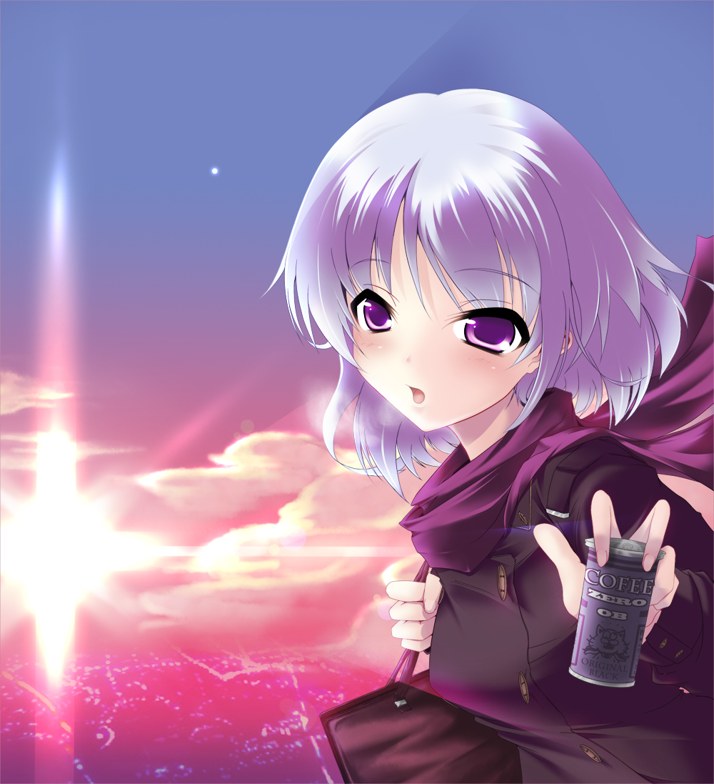 nana (732 kaiten), tagme, bag, can, coffee, purple eyes, purple hair, scarf, solo
