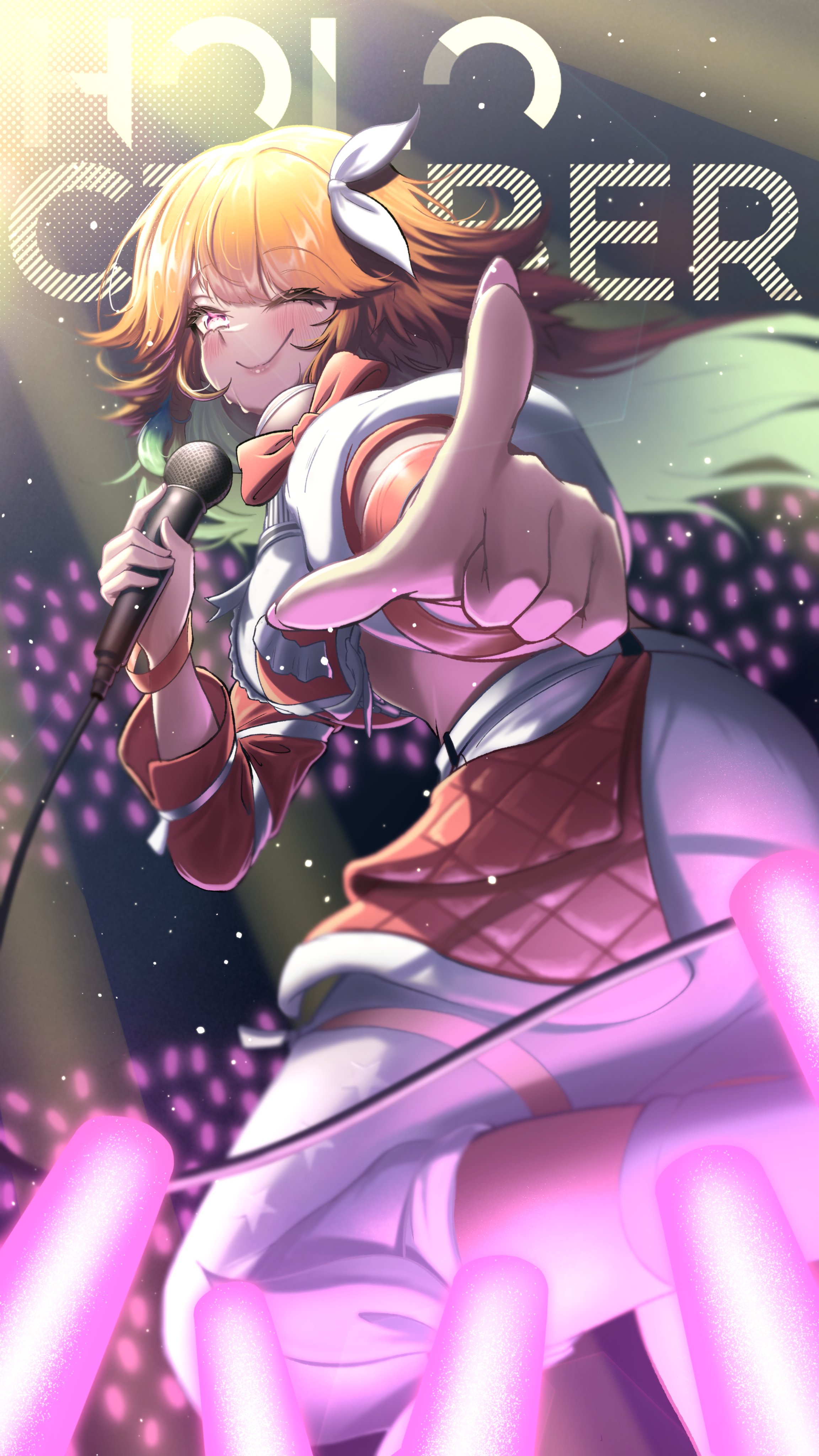 clero (viprimo), takanashi kiara, hololive, hololive english, absurdres, highres, 1girl, bow, closed mouth, colored inner hair, glowstick, green hair, hair ribbon, holding, holding microphone, idol, microphone, multicolored hair, one eye closed, orange bow, orange hair, penlight (glowstick), pink eyes, pointing, ribbon, smile, solo, sweat, virtual youtuber, white ribbon